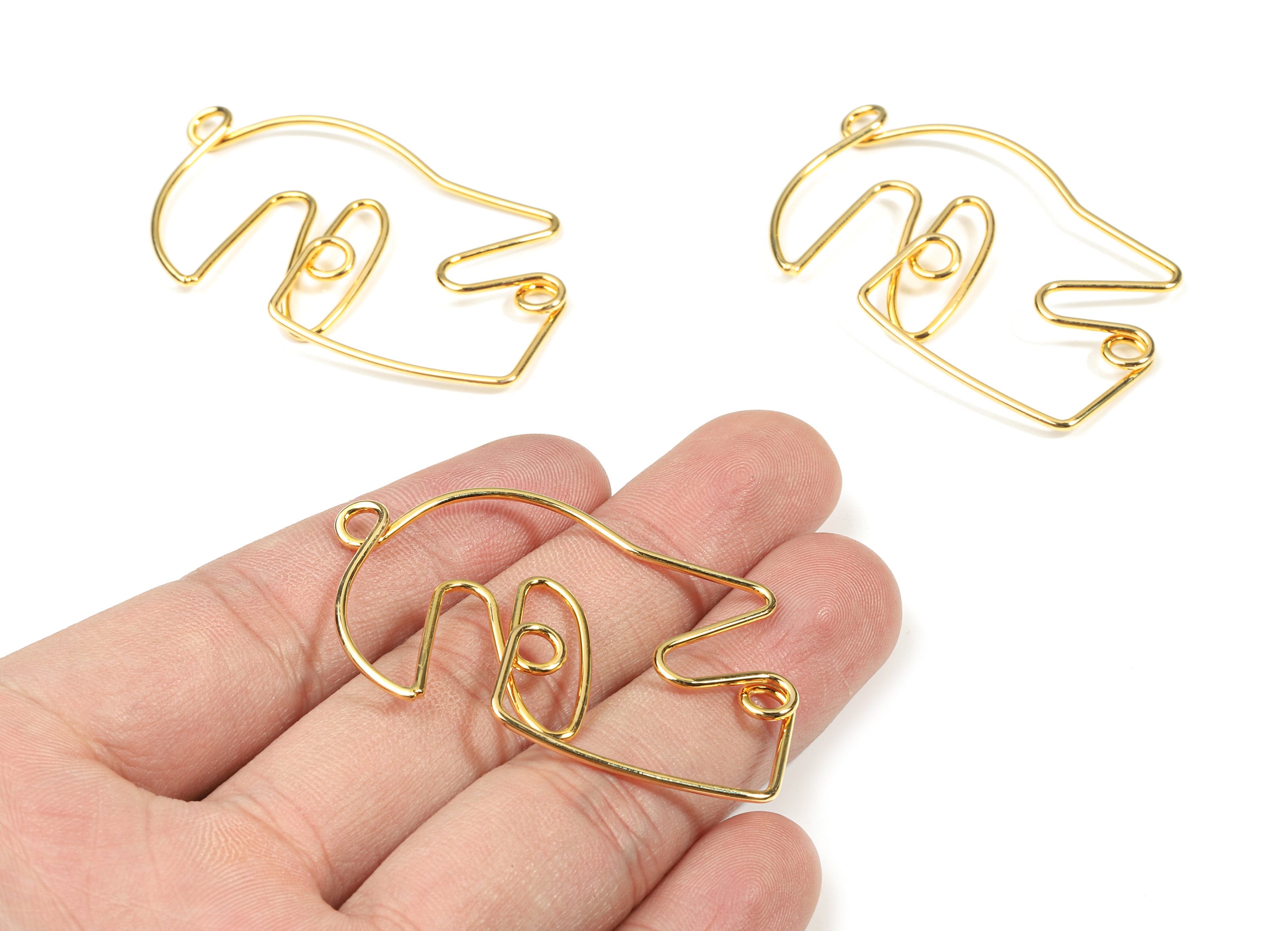 Brass Face Wire Pendant - Brass Wire Man Face Earring Charms - 18K Real Gold Plating Brass - Jewelry Supplies - 51.25x32.61x3.14mm - RGP2599 - DOMEDBAZAAR