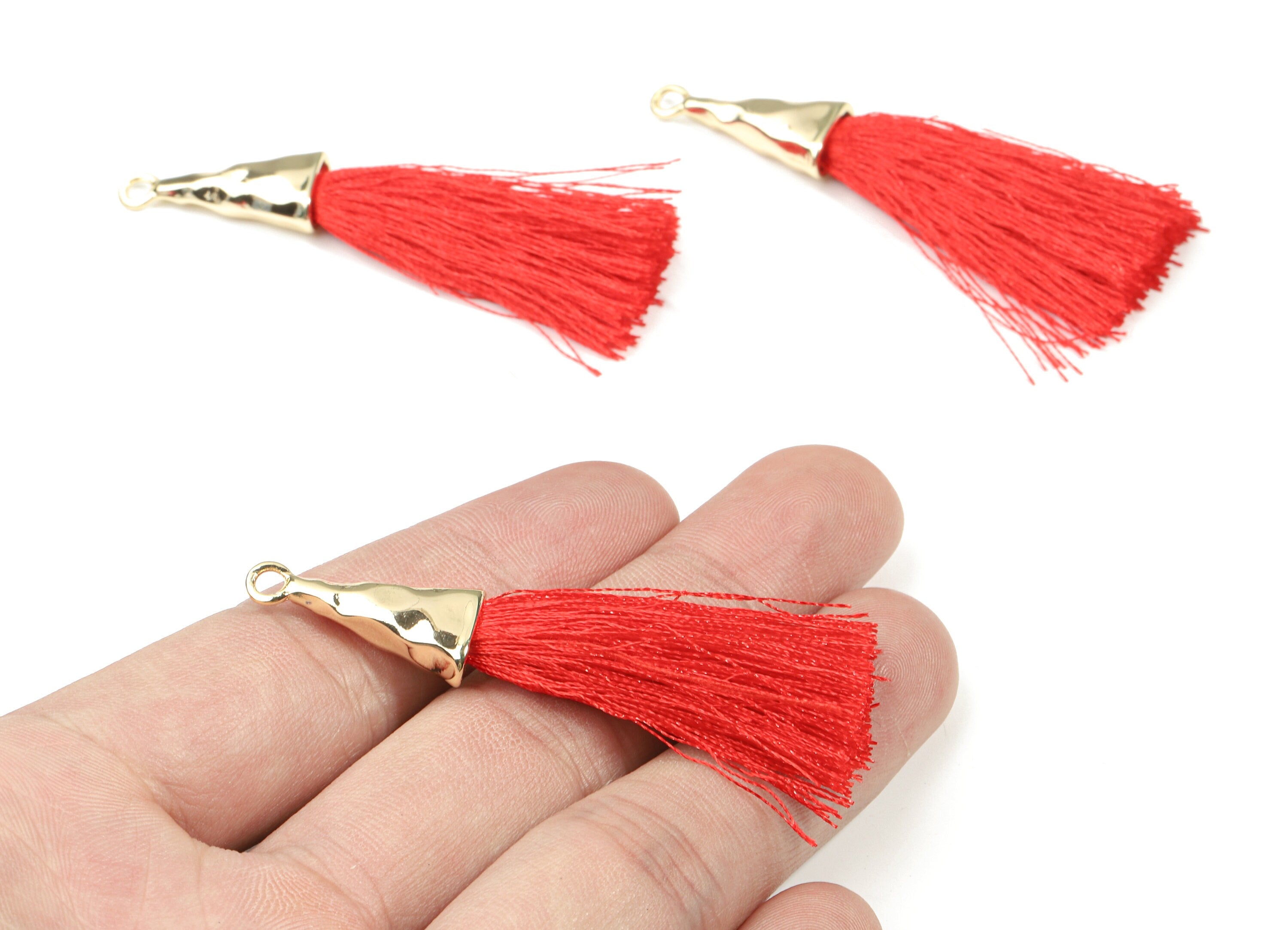 Tassel Earrings - Puffy Tassel Earring With 18K Real Gold Plating Brass Cap - Tassel Findings - Boho Charms - 62.19x35.48x5.62mm - RGP2598A - DOMEDBAZAAR