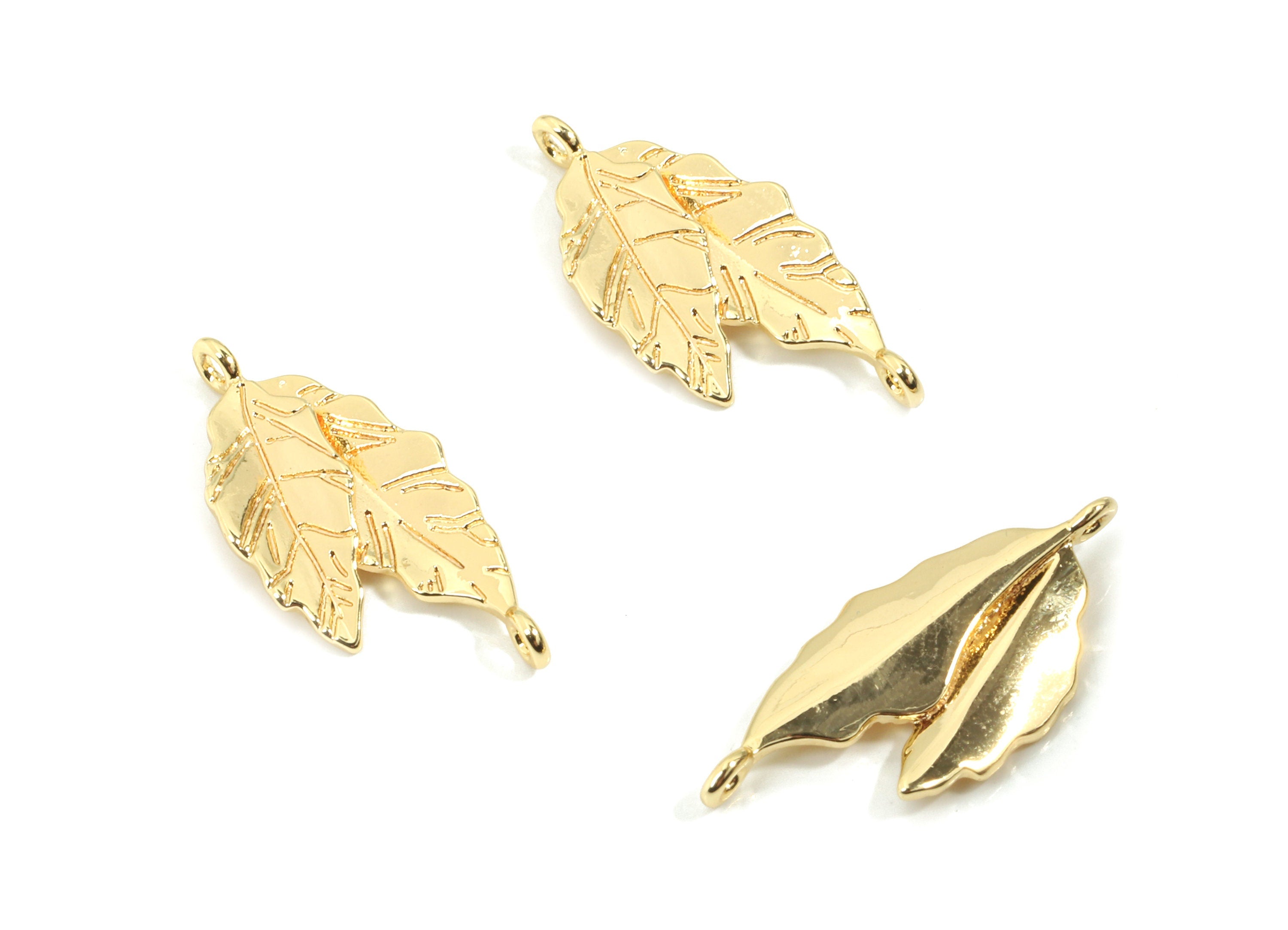 Brass Leafs Earring Charms - Gold Double Leaf Pendant - 18K Real Gold Plated Brass - Jewelry Supplies - 22.37x10.22x2.57mm - RGP2602 - DOMEDBAZAAR