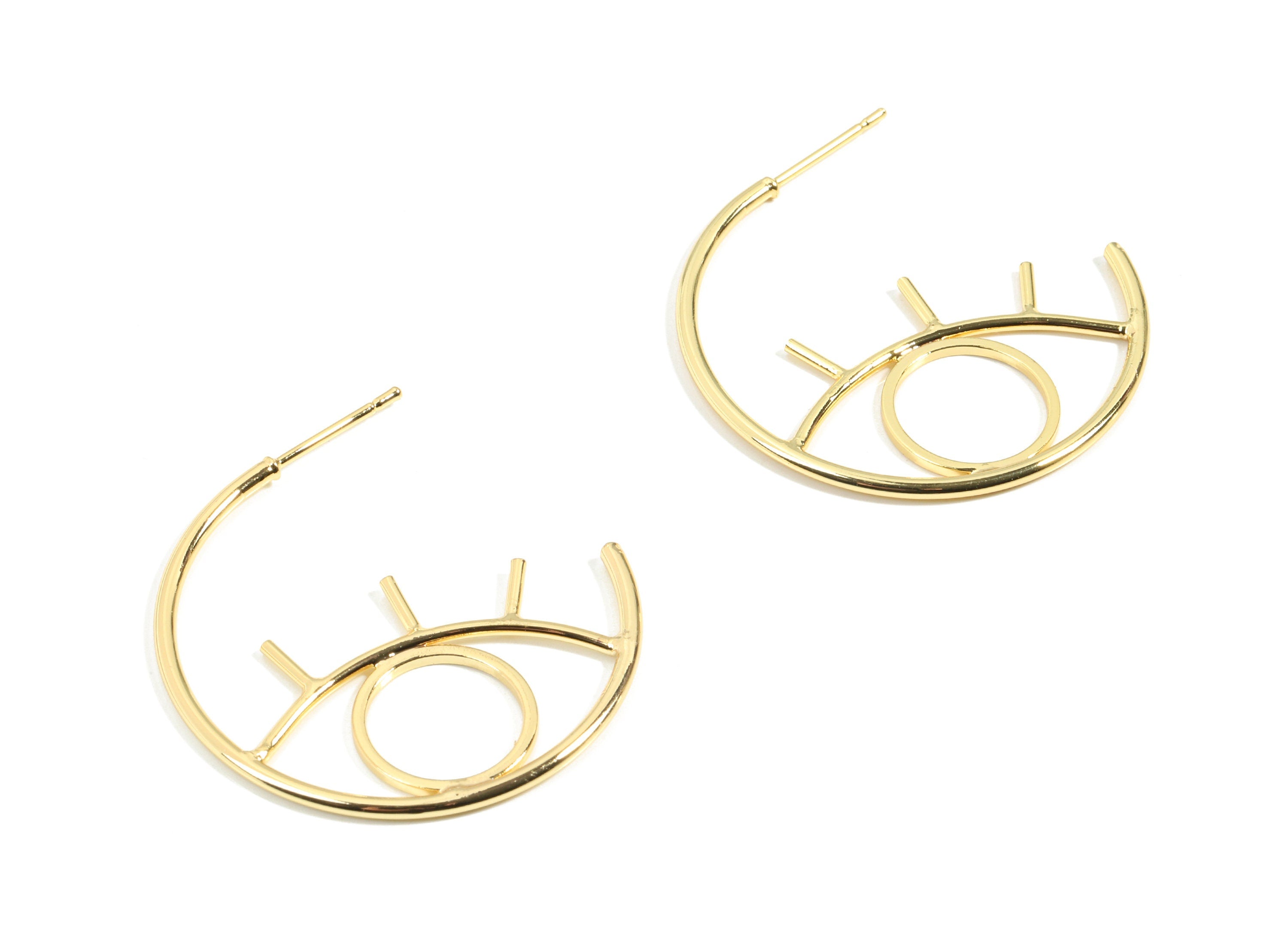 Brass Eye Earring Post - Gold Eye Earring Stud - Eye Open Hoop - 18K Real Gold Plated Brass - Surgical Stud - 34.96x19.47x1.48mm - RGP2607 - DOMEDBAZAAR