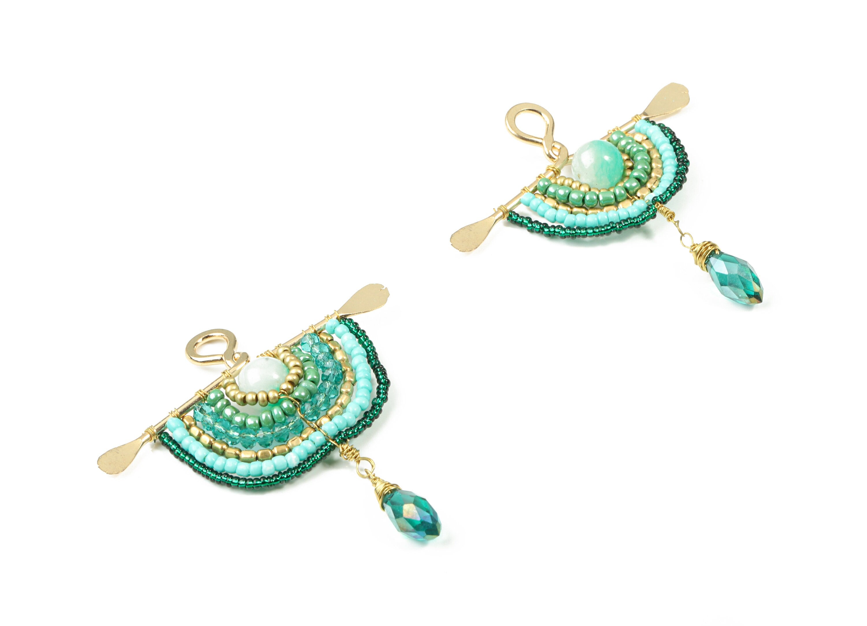 Glass Beaded Brass Semi Circle Earring Charms - Handmade Glass Beaded Hammered Brass  Pendant - Japanese Seed Beads - 57x47x7.5mm - TH1071A - DOMEDBAZAAR