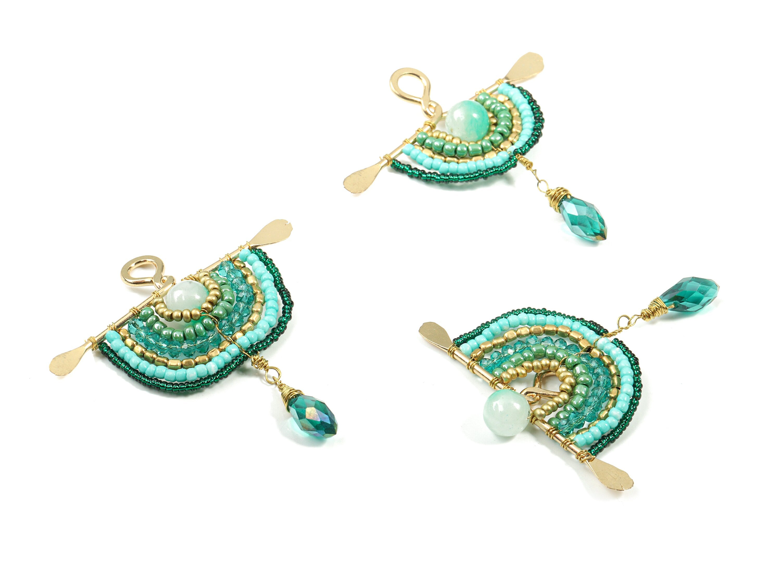 Glass Beaded Brass Semi Circle Earring Charms - Handmade Glass Beaded Hammered Brass  Pendant - Japanese Seed Beads - 57x47x7.5mm - TH1071A - DOMEDBAZAAR