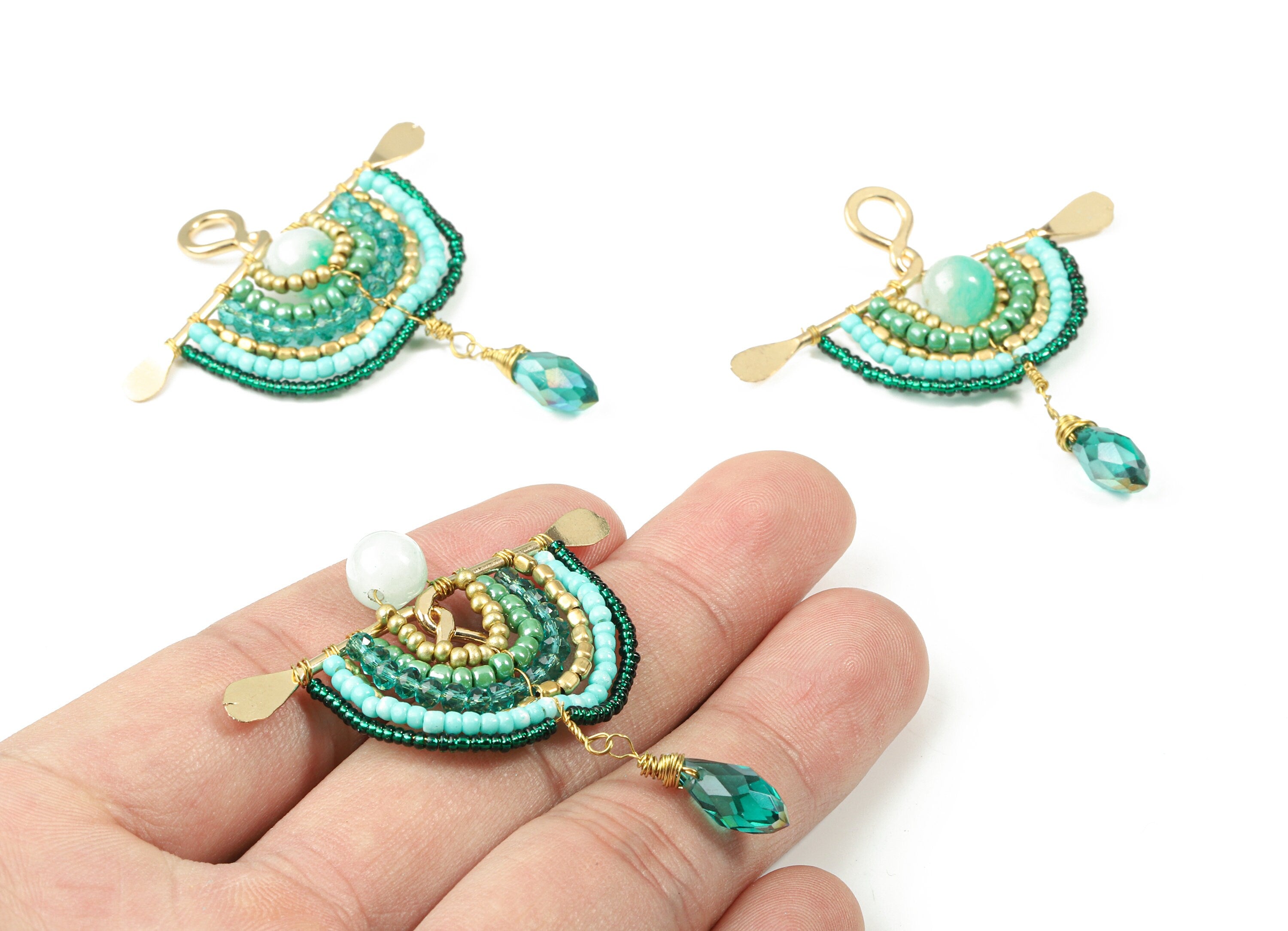 Glass Beaded Brass Semi Circle Earring Charms - Handmade Glass Beaded Hammered Brass  Pendant - Japanese Seed Beads - 57x47x7.5mm - TH1071A - DOMEDBAZAAR