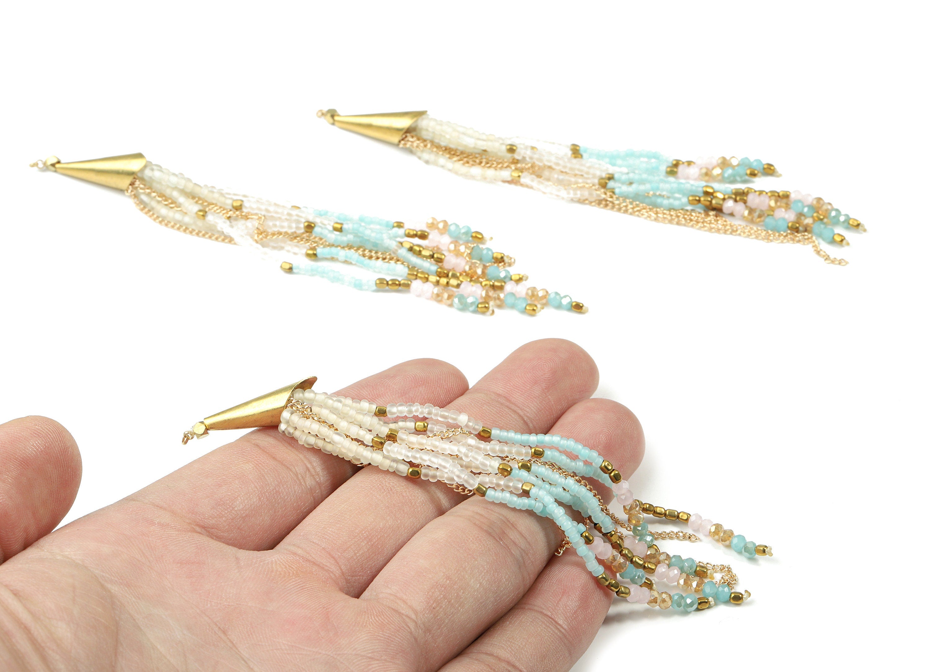 Glass Beaded Tassel Earrings - Handmade Glass Beaded Earring Tassel With Brass Cap - Japanese Seed Beads - Boho Charm - 118x7.03mm - TH1073C - DOMEDBAZAAR