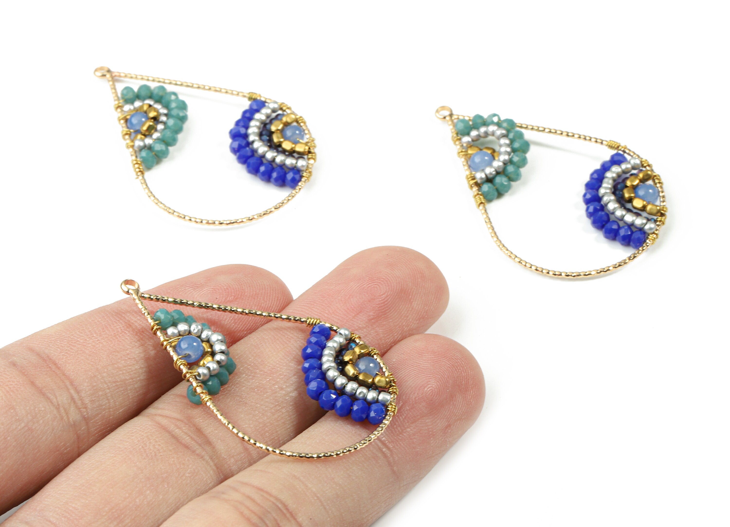 Glass Beaded Brass Drop Earring Charms - Handmade Glass Beaded Brass - Earring Wire - Japanese Seed Beads - 43.64x28.05x3.75mm - TH1075A - DOMEDBAZAAR