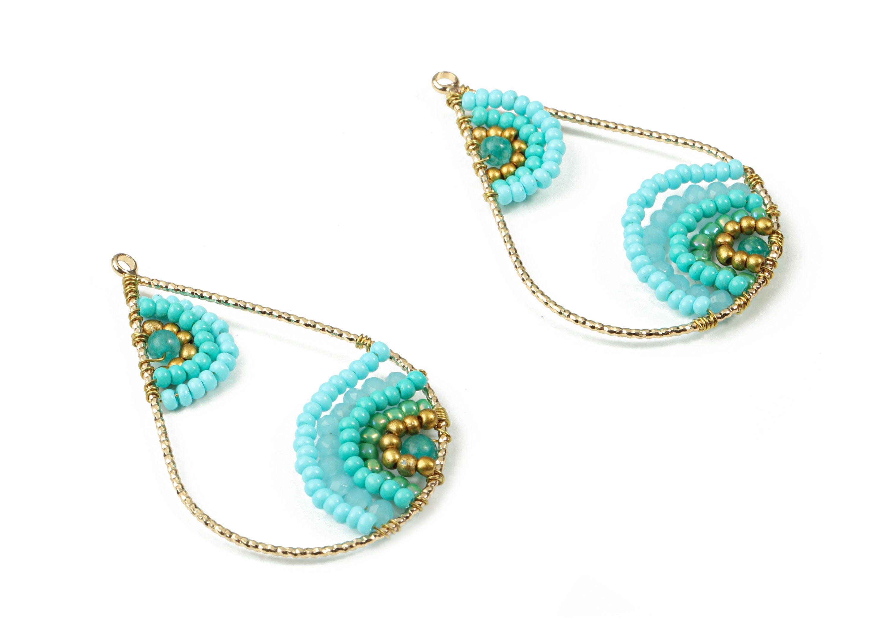 Glass Beaded Brass Drop Earring Charms - Handmade Glass Beaded Brass - Earring Wire - Japanese Seed Beads - 43.64x28.05x3.75mm - TH1075B - DOMEDBAZAAR