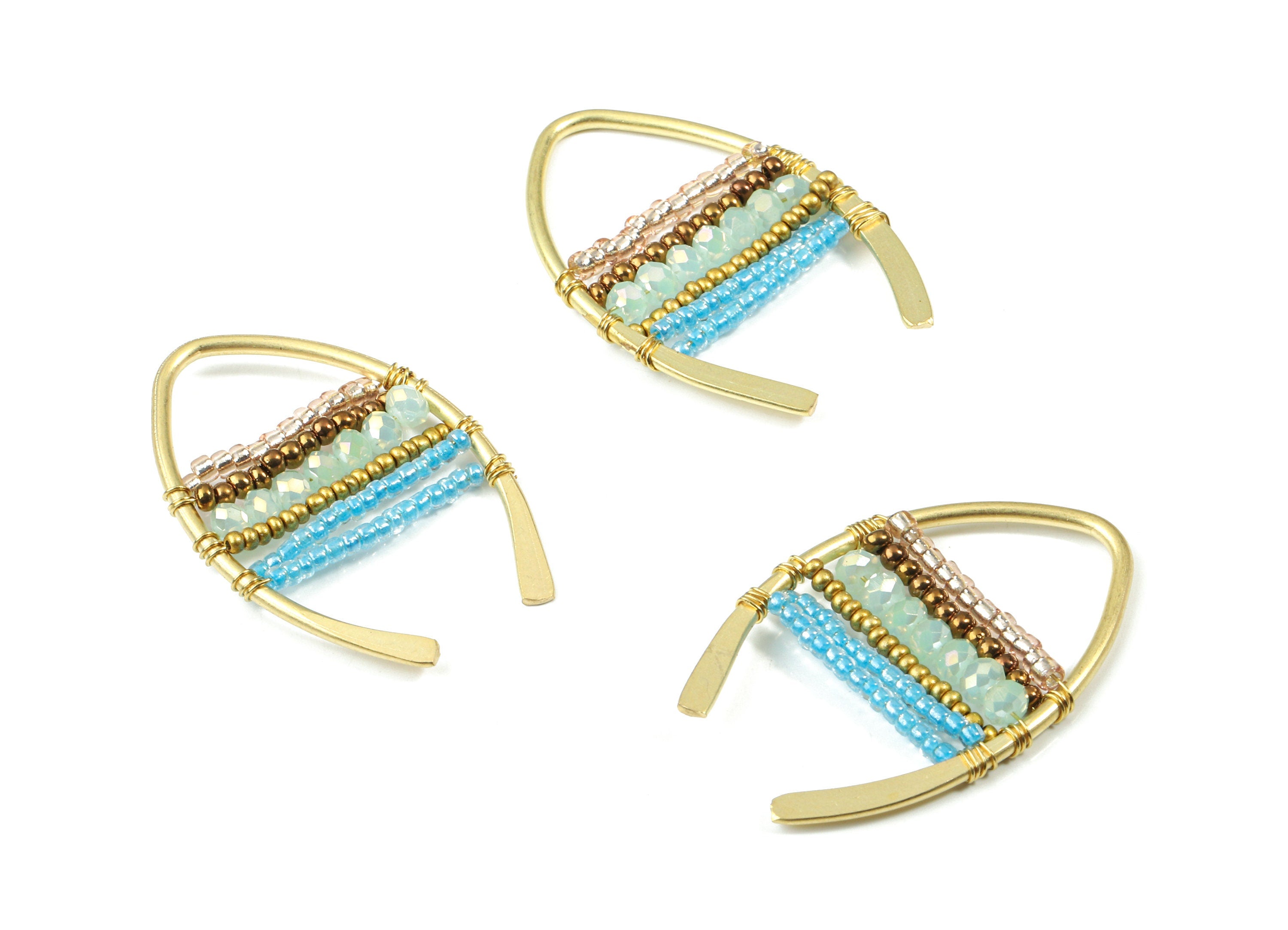Glass Beaded Earring Charms - Raw Brass Hammered Earring Wire Pendant - Handmade Glass Beaded - Earring Findings - 35x22.89x3.46mm - TH1077 - DOMEDBAZAAR