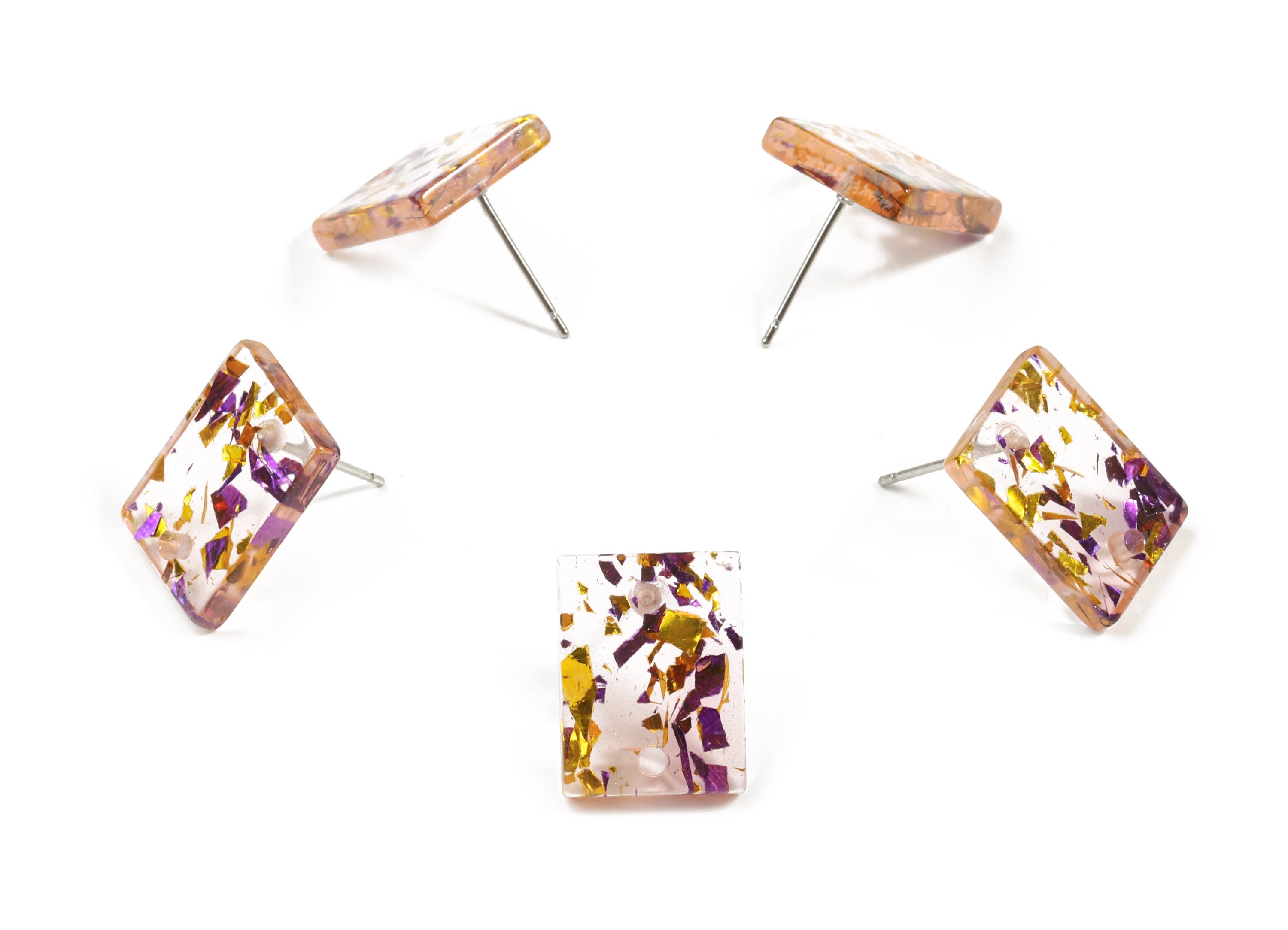 Acrylic Rectangle Earring Stud - Rectangle Earring Post - Purple Gold Foil & Confetti - Color Code: A388 - 15.59x11.72x2.72mm - AC1663-A388 - DOMEDBAZAAR