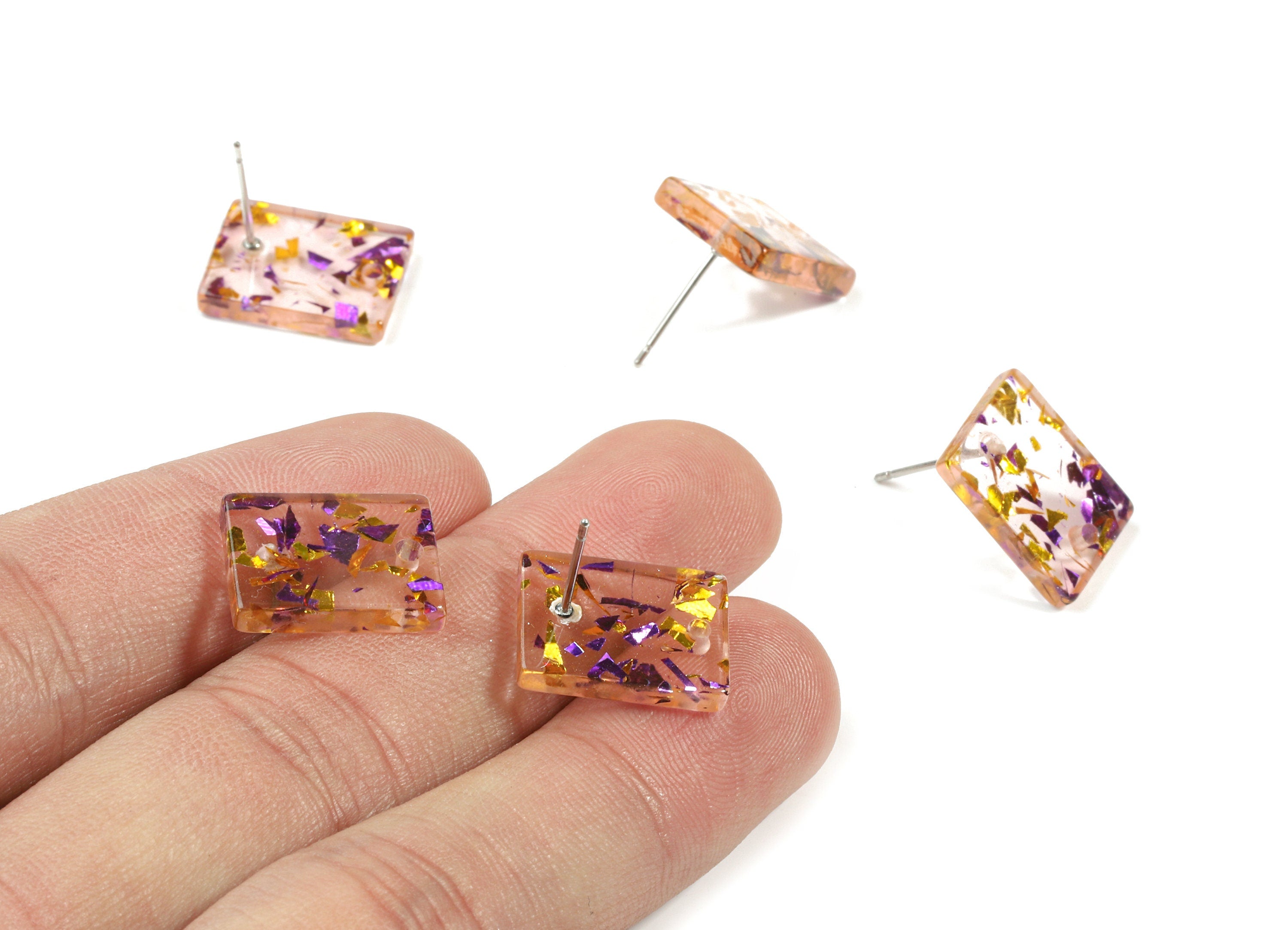 Acrylic Rectangle Earring Stud - Rectangle Earring Post - Purple Gold Foil & Confetti - Color Code: A388 - 15.59x11.72x2.72mm - AC1663-A388 - DOMEDBAZAAR