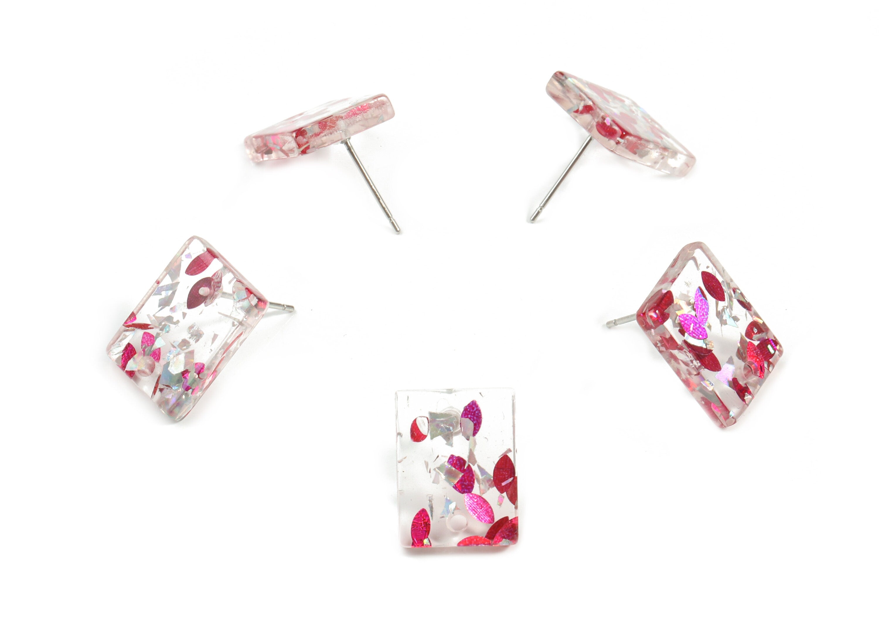 Acrylic Rectangle Earring Stud - Rectangle Earring Post - Pink Silver Foil & Confetti - Color Code: A449 - 15.57x11.83x3mm - AC1663-A449 - DOMEDBAZAAR