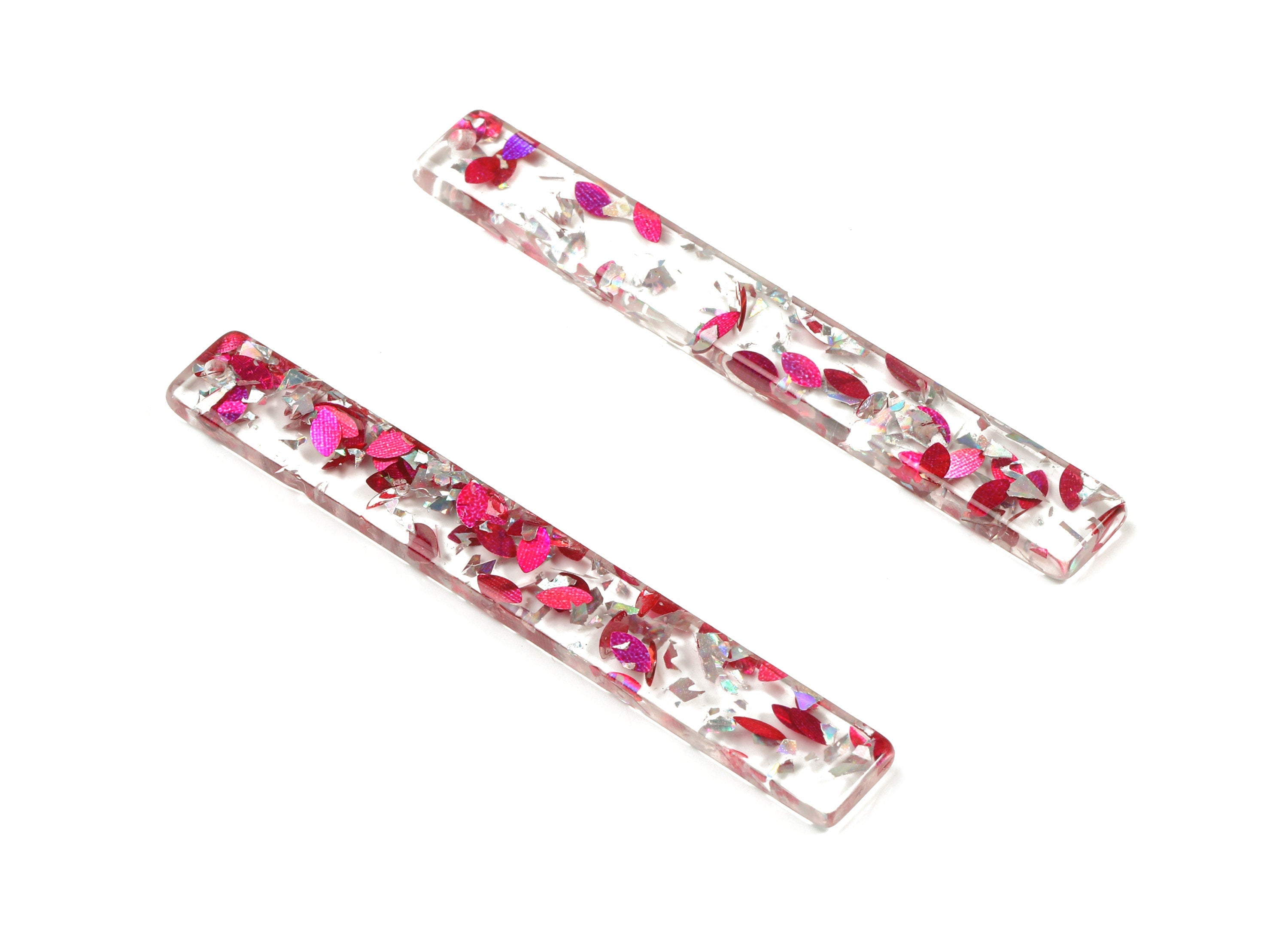 Acrylic Long Stick Earring Charms - Long Rectangle Pendant - Pink Silver Foil & Confetti - Color Code: A449 - 59.83x7.79x2.8mm - AC1049-A449 - DOMEDBAZAAR