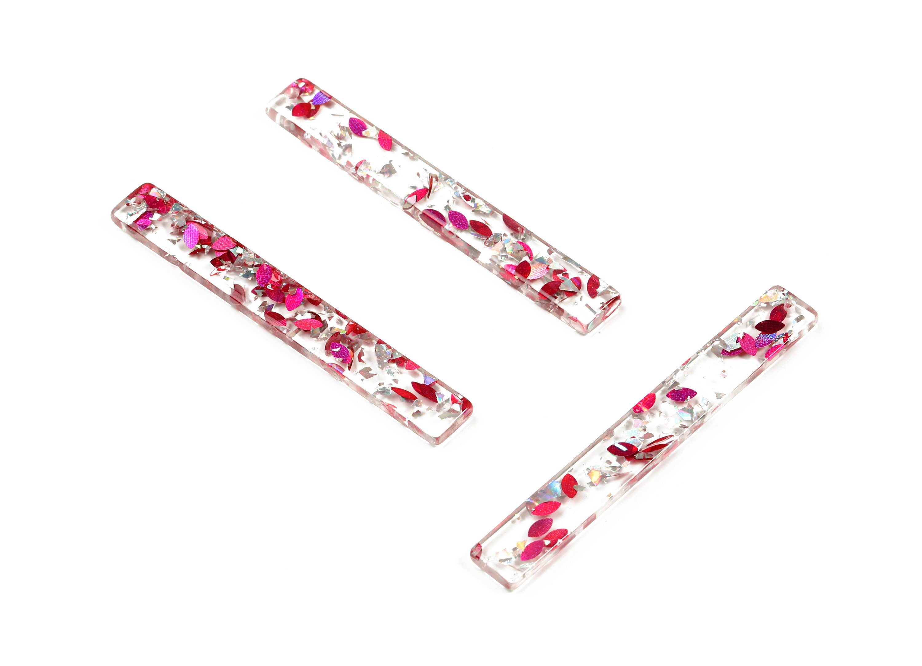 Acrylic Long Stick Earring Charms - Long Rectangle Pendant - Pink Silver Foil & Confetti - Color Code: A449 - 59.83x7.79x2.8mm - AC1049-A449 - DOMEDBAZAAR