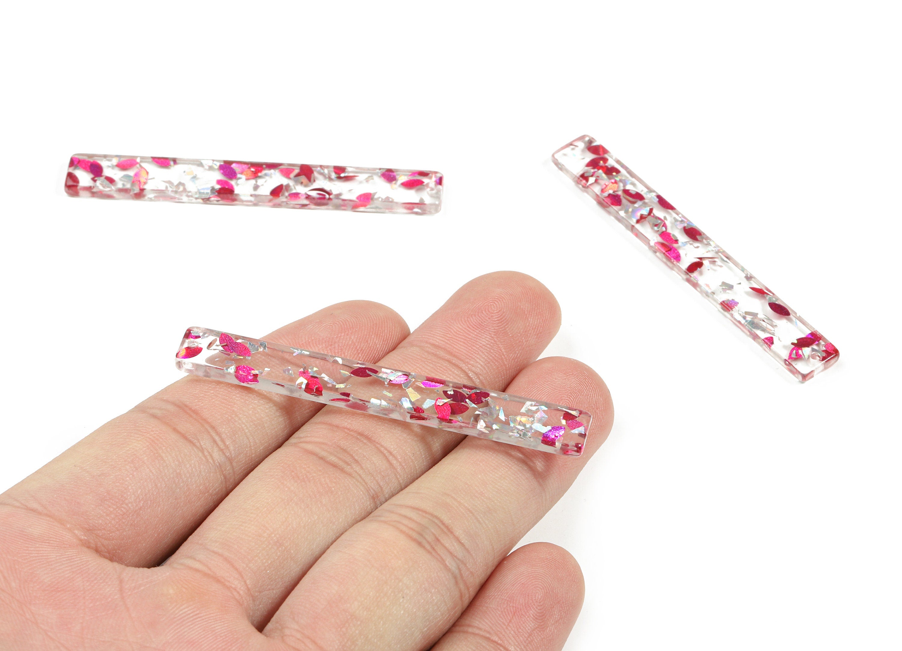 Acrylic Long Stick Earring Charms - Long Rectangle Pendant - Pink Silver Foil & Confetti - Color Code: A449 - 59.83x7.79x2.8mm - AC1049-A449 - DOMEDBAZAAR