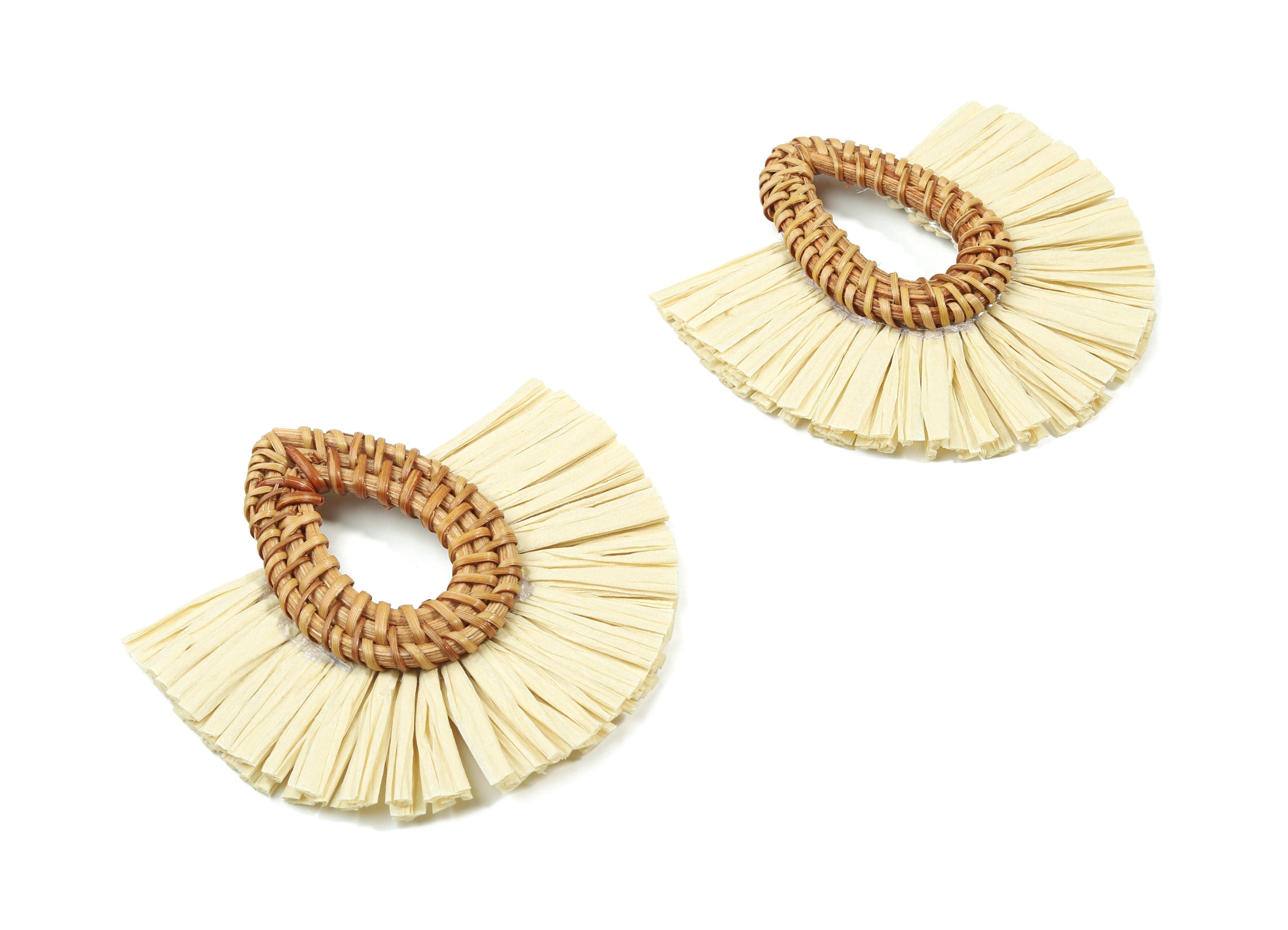 Handwoven Rattan With Raffia Tassels Earring Charms - Drop Rattan Tassels - Wooden Straw Earring - 75.81x72.97x7.59mm - RT1350 - DOMEDBAZAAR