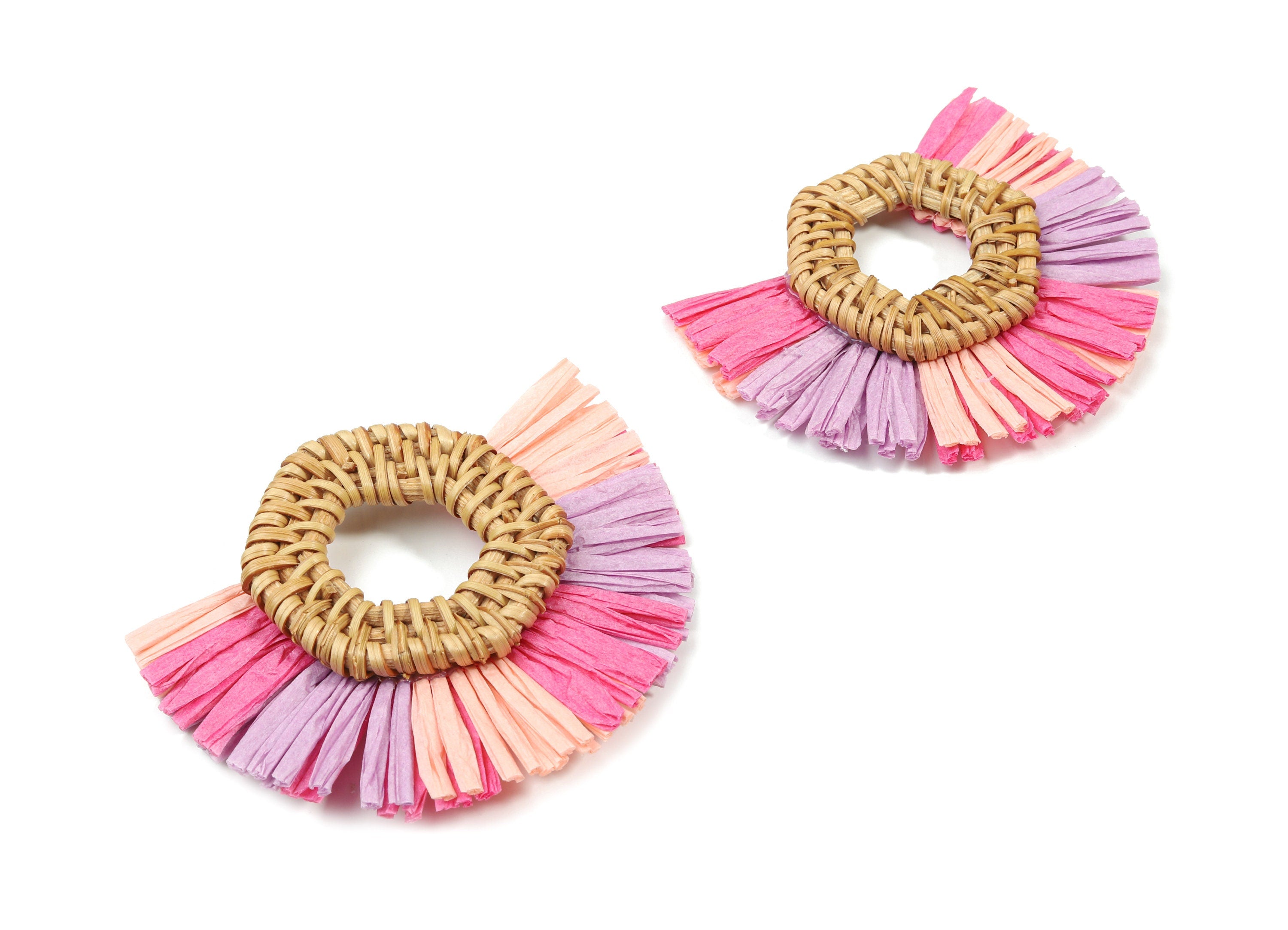 Handwoven Rattan With Raffia Tassels Earring Charms - Hexagon Rattan Tassels - Wooden Straw Earring - 78.27x61.88x8.34mm - RT1354 - DOMEDBAZAAR