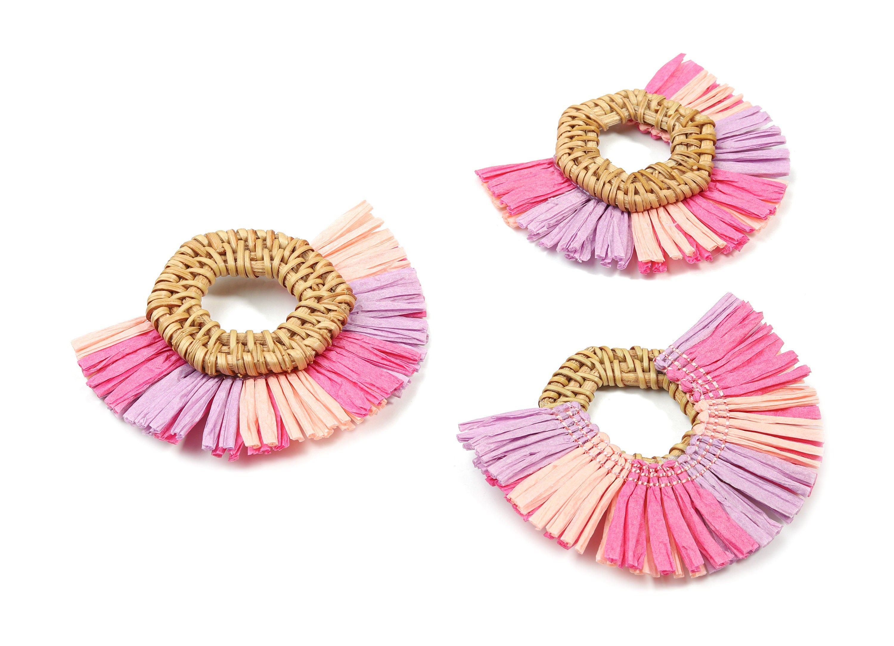 Handwoven Rattan With Raffia Tassels Earring Charms - Hexagon Rattan Tassels - Wooden Straw Earring - 78.27x61.88x8.34mm - RT1354 - DOMEDBAZAAR