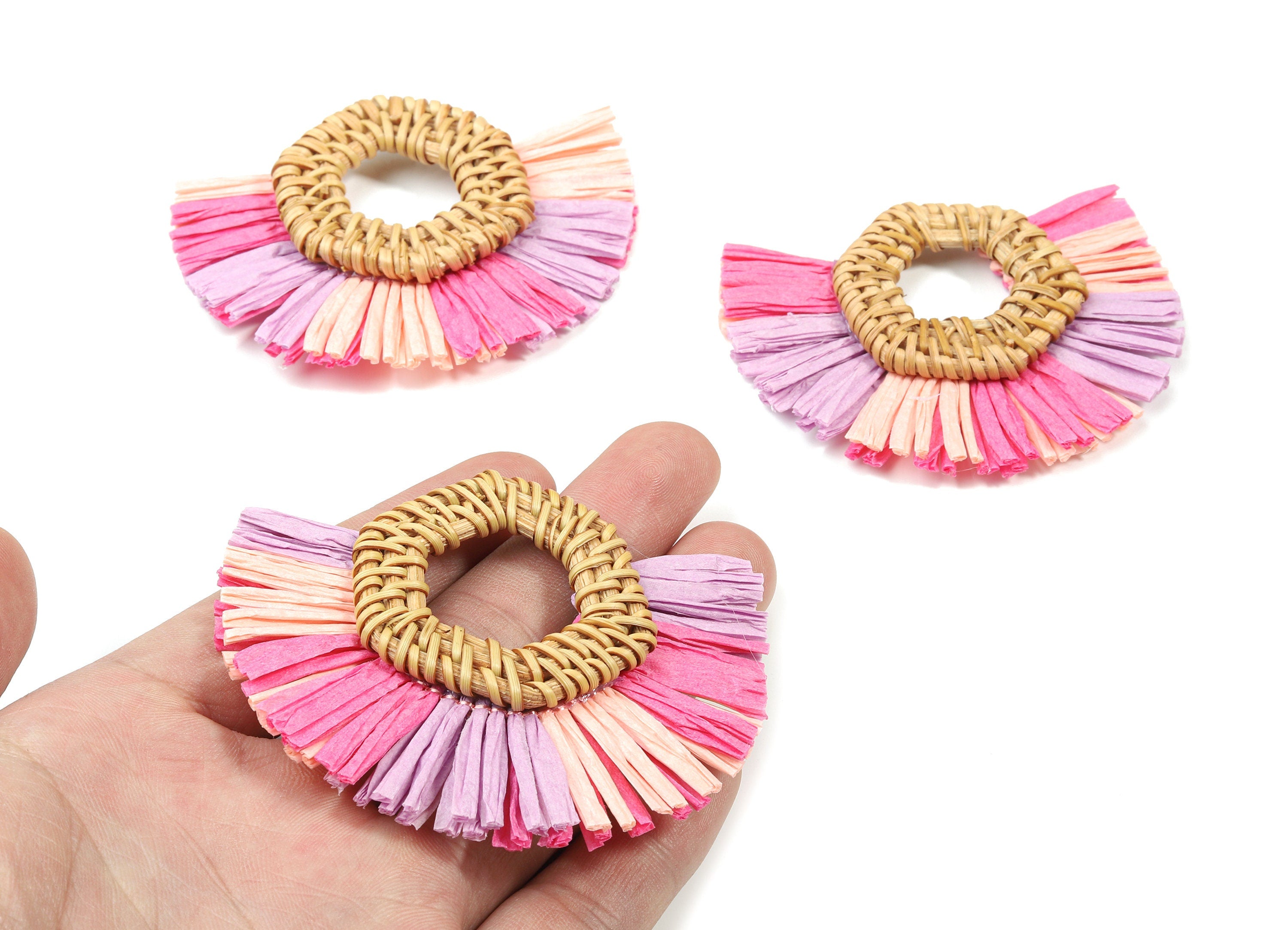 Handwoven Rattan With Raffia Tassels Earring Charms - Hexagon Rattan Tassels - Wooden Straw Earring - 78.27x61.88x8.34mm - RT1354 - DOMEDBAZAAR