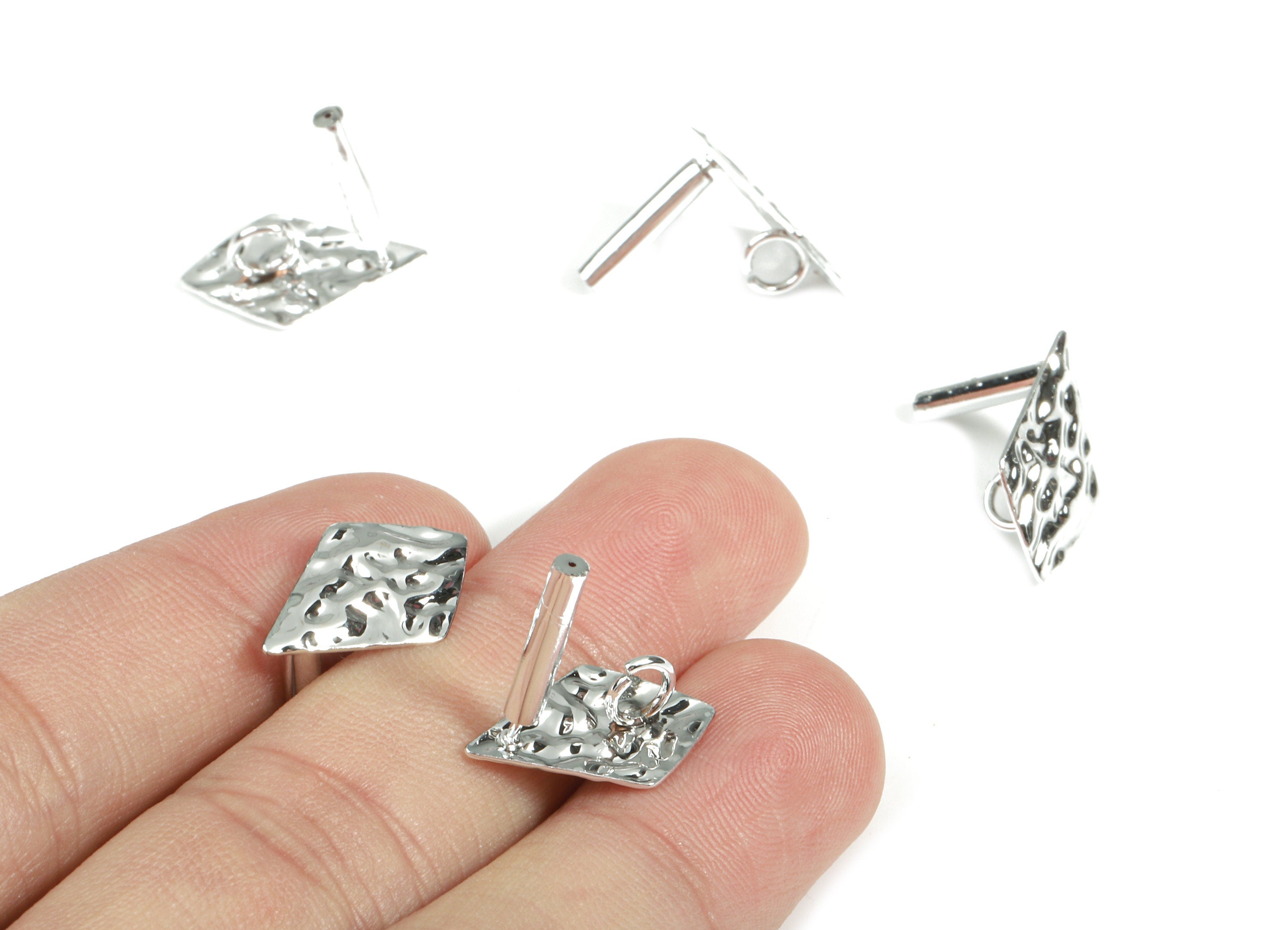 Alloy Rhombus Stud Earring With Loop - Zinc Alloy Rhombus Earring Post - Silver Stud - Silver Tone Plated - 18.14x11.34x0.79mm - ZZ1600 - DOMEDBAZAAR