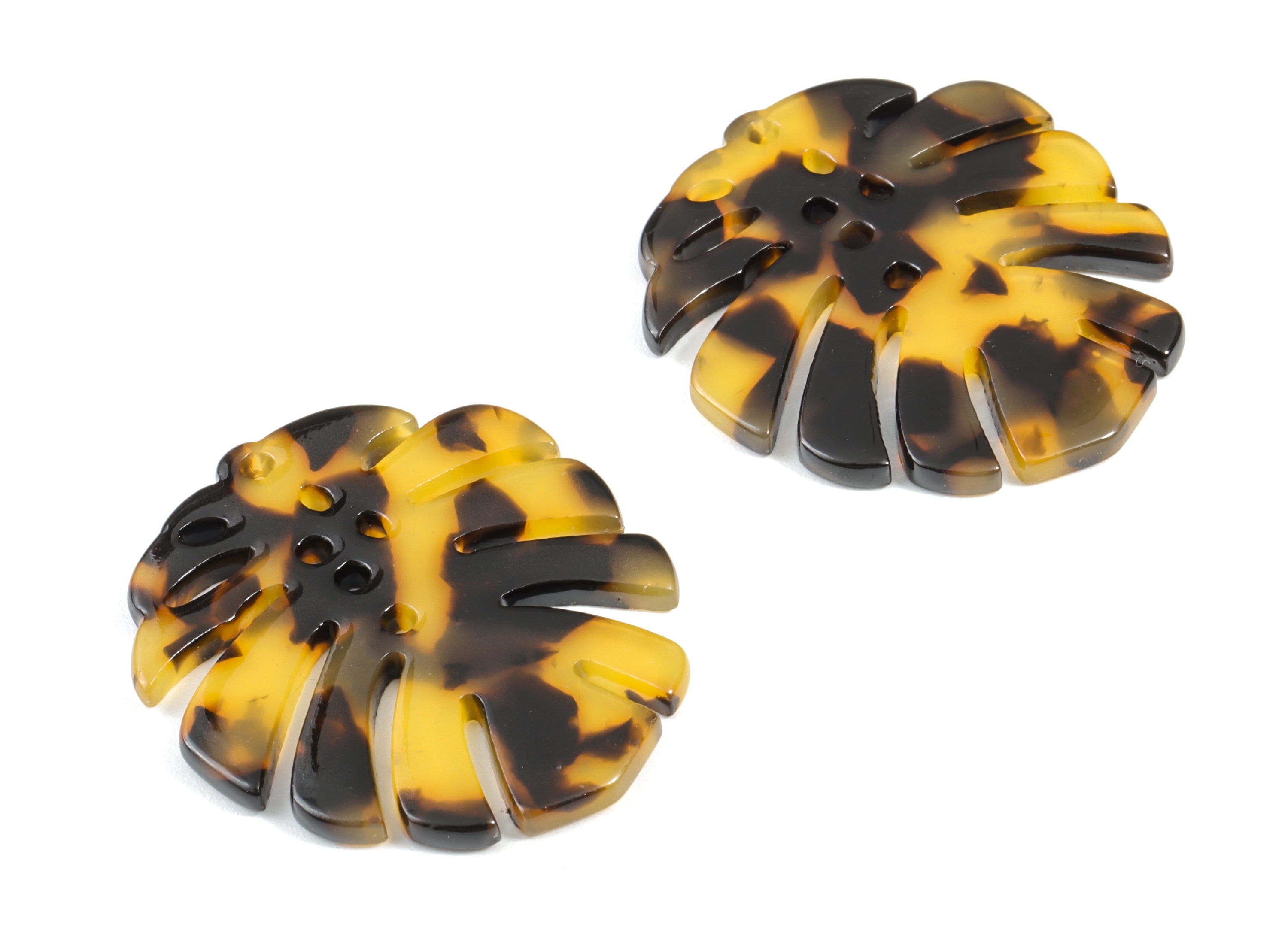 Acetate Acrylic Earring Charms - Tortoise Shell - Monstera Leaf Shaped Pendant - Color Code: A01 - 38.74x33.4x2.6mm - AC1595-A01 - DOMEDBAZAAR