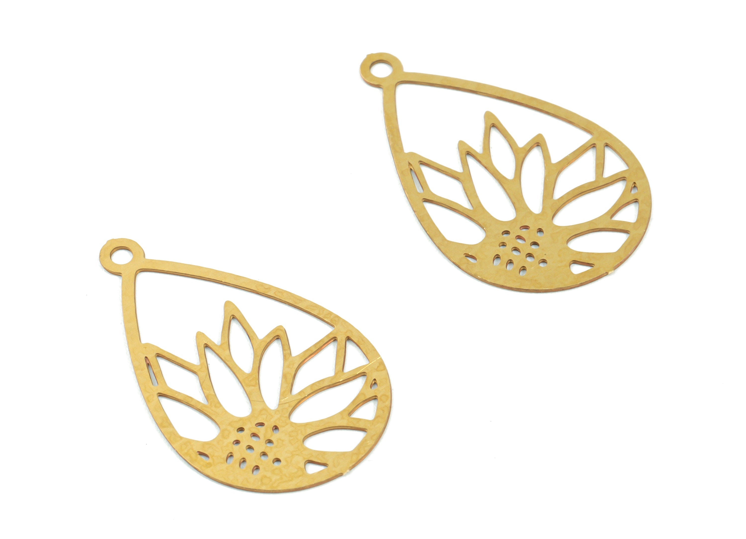 Brass Lotus Earring Charms - Raw Brass Lotus Drop Necklace Pendant - Earring Findings - Jewelry Supplies - 21.98x13.56x0.3mm - JJC11508 - DOMEDBAZAAR