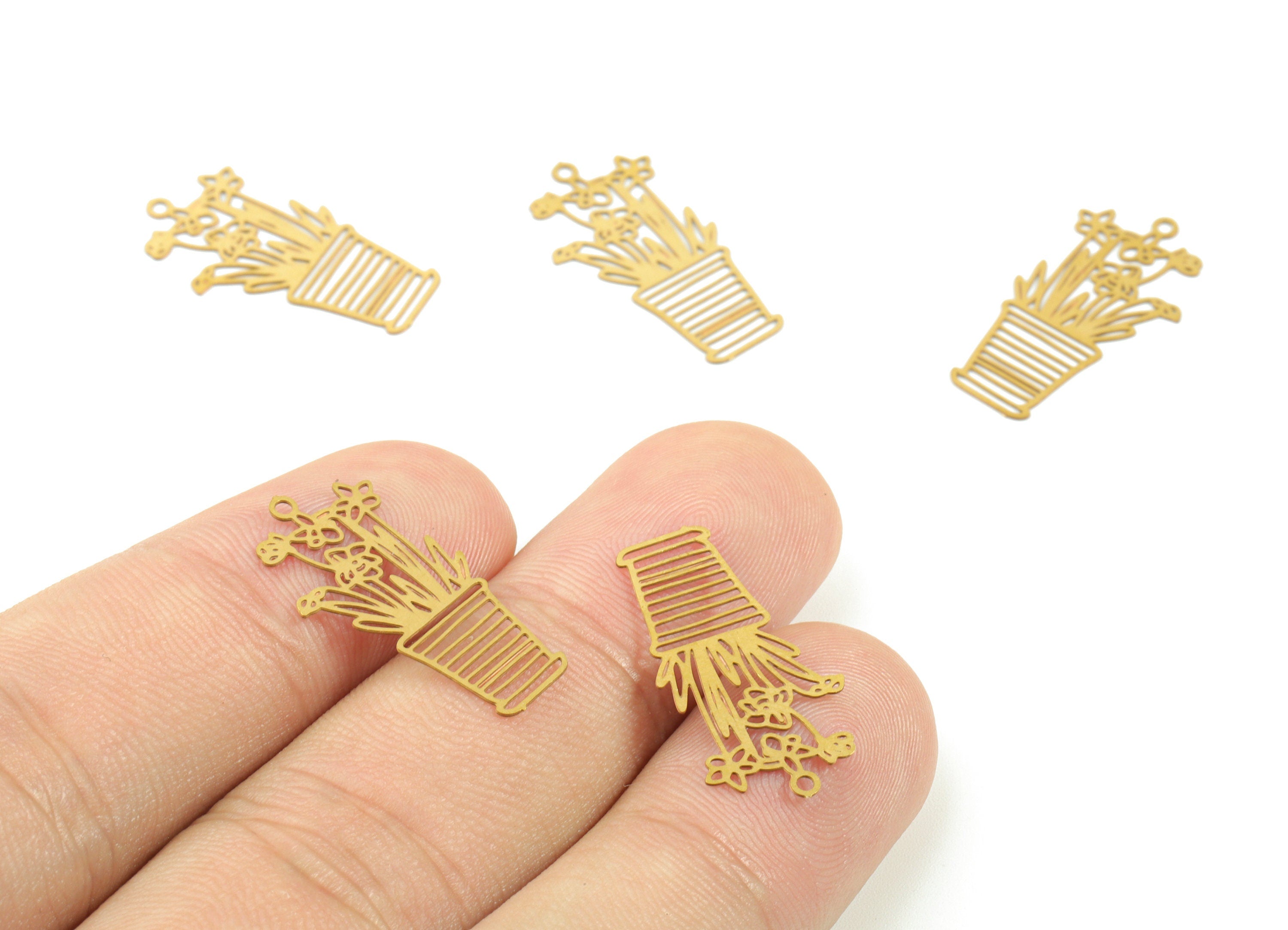 Brass Vase Flower Earring Charms - Raw Brass Flower Vase Earring - Earring Findings - Jewelry Supplies - 23.14x12.02x0.3mm - JJC11492 - DOMEDBAZAAR