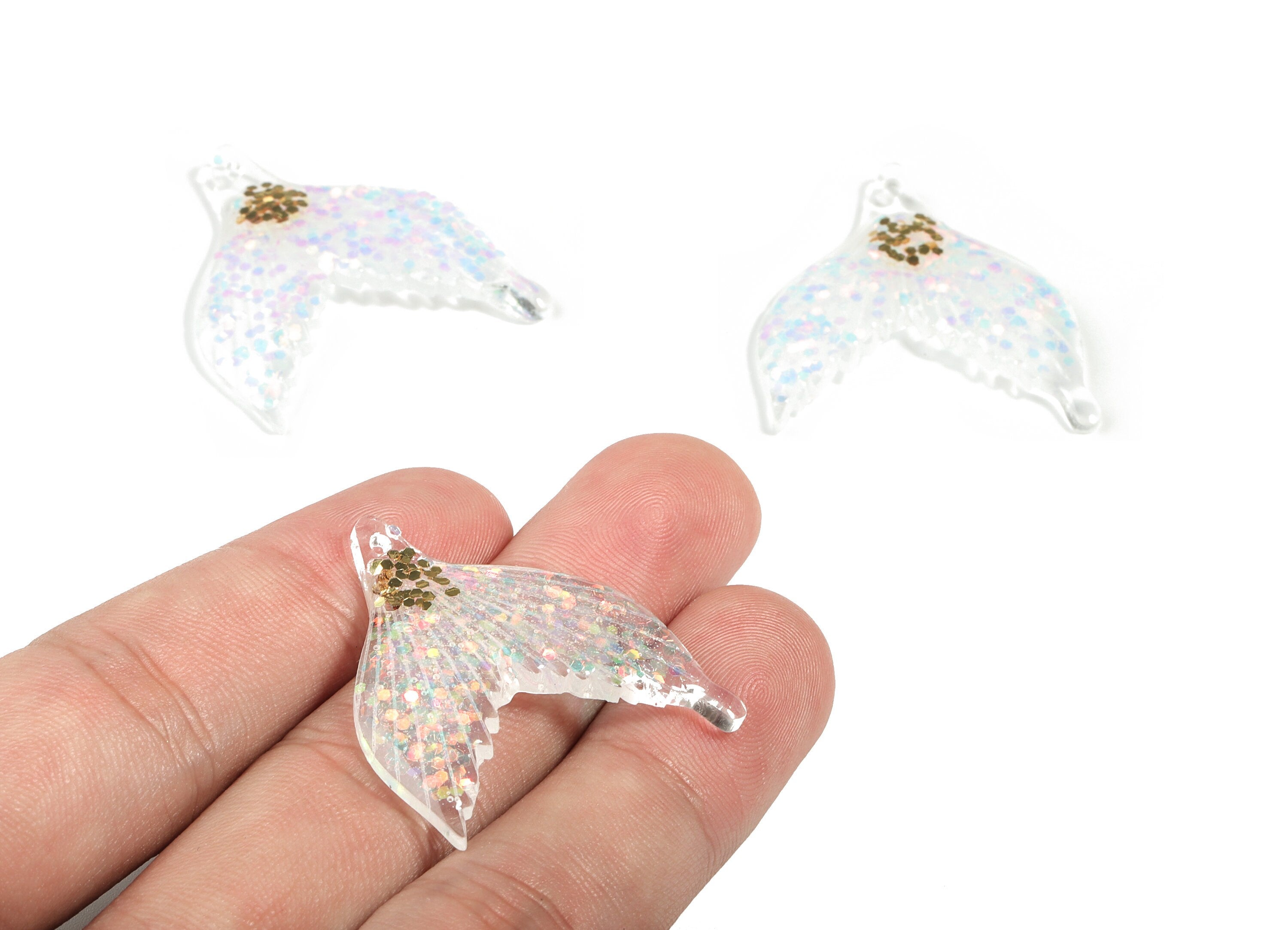 Acrylic Fishtail Earring Charms - Blue Fishtail Charm - Pink Blue Gold Foil and Confetti - Jewelry Supplies - 36.32x29.86x2.21mm - AC1875A - DOMEDBAZAAR