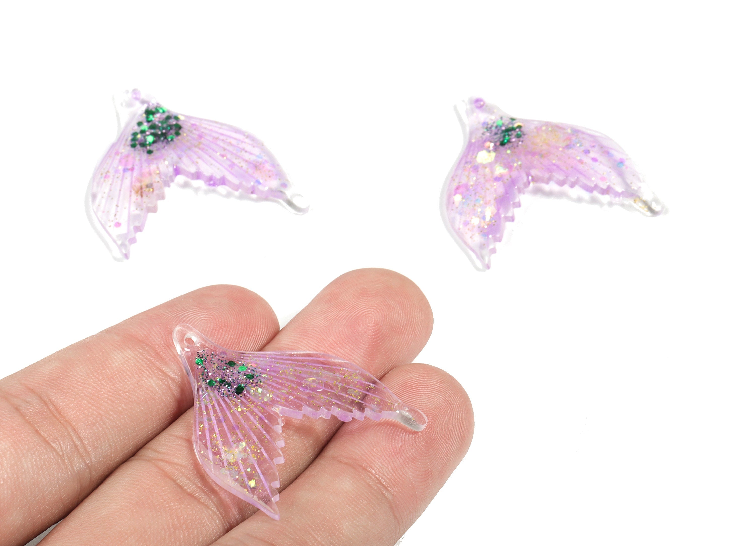 Acrylic Fishtail Earring Charms - Blue Fishtail Charm - Green Pink Foil and Confetti - Jewelry Supplies - 36.35x29.51x2.09mm - AC1875B - DOMEDBAZAAR