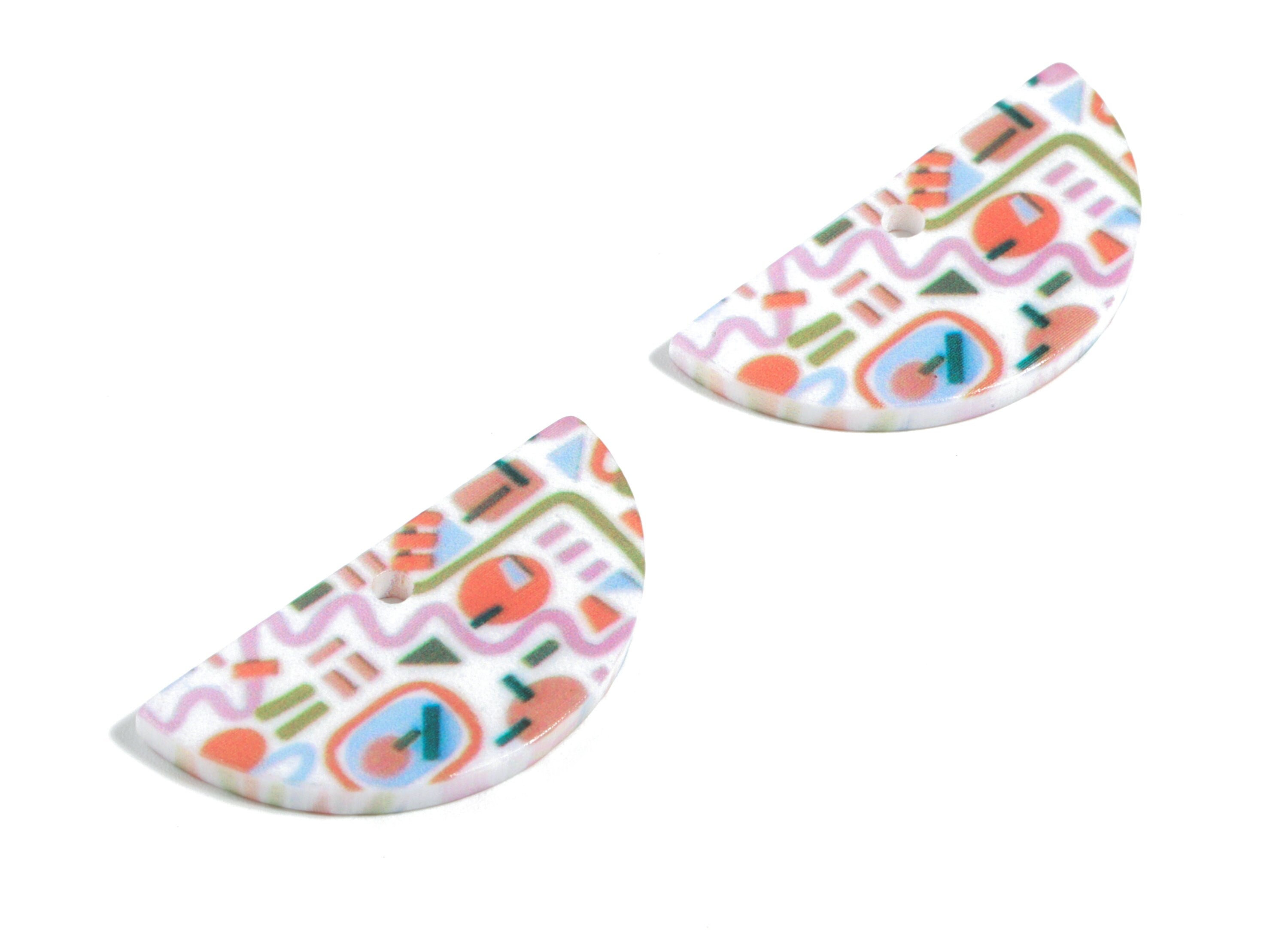 Acrylic Semi Circle Earring Charms - Printing Half Moon Acrylic Pendant - Jewelry Supplies - Color Code: B12 - 29.98x15x2.39mm - AC1928-B12 - DOMEDBAZAAR