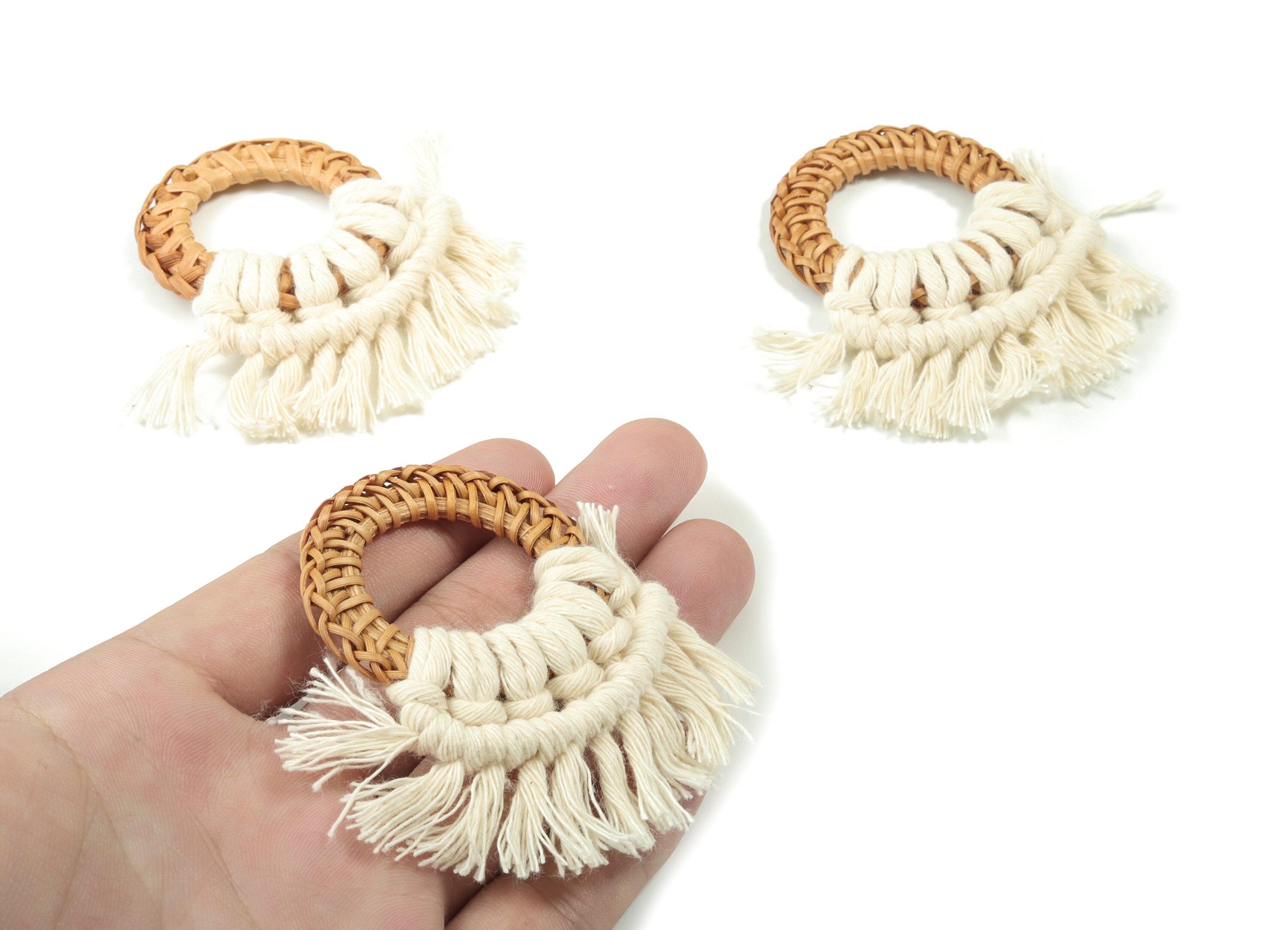Rattan Tassel Earrings - Handmade Cotton Macrame Earrings - Handwoven Straw - Wicker Braid Hoop Earrings - 66.18x43.95x7.36mm - TS1152 - DOMEDBAZAAR
