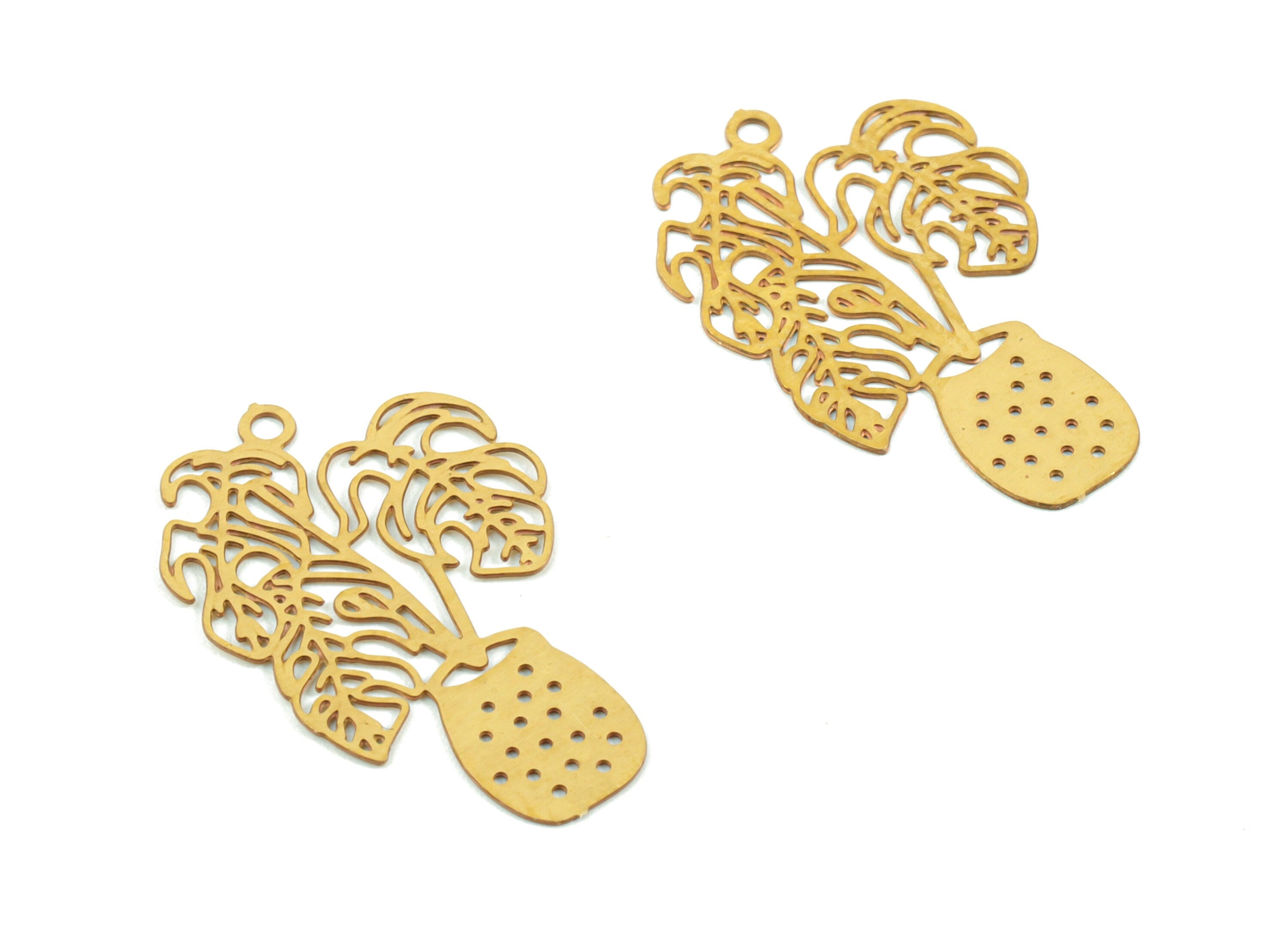 Brass Vase Flower Earring Charms - Raw Brass Monstera Earring - Earring Findings - Jewelry Supplies - 21.07x13.9x0.3mm - JJC11502 - DOMEDBAZAAR
