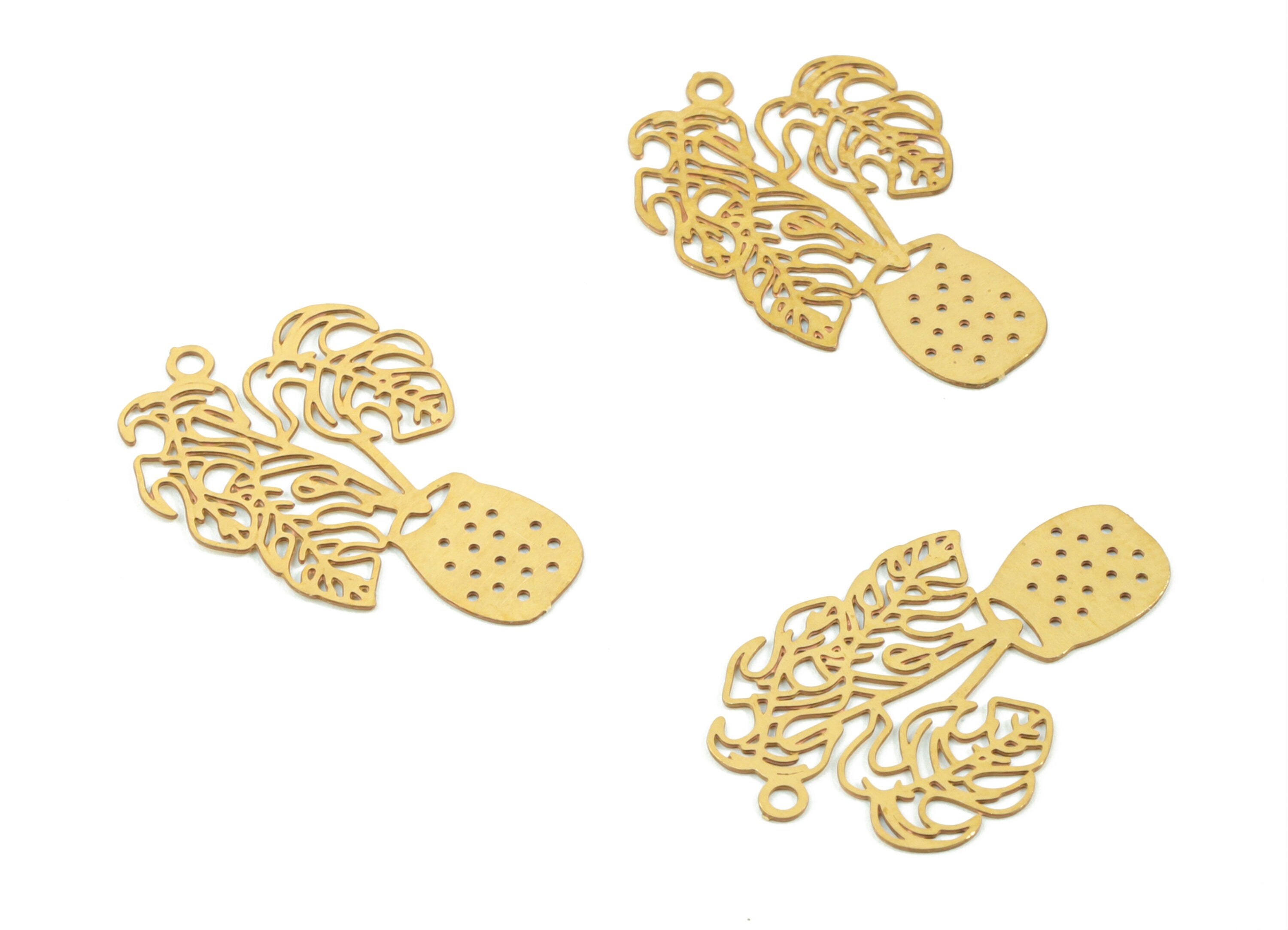 Brass Vase Flower Earring Charms - Raw Brass Monstera Earring - Earring Findings - Jewelry Supplies - 21.07x13.9x0.3mm - JJC11502 - DOMEDBAZAAR