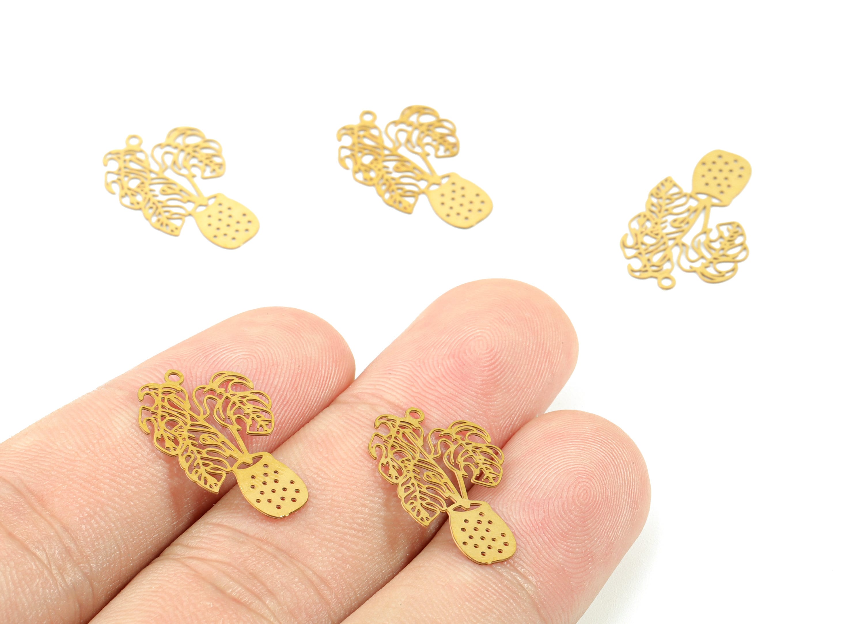 Brass Vase Flower Earring Charms - Raw Brass Monstera Earring - Earring Findings - Jewelry Supplies - 21.07x13.9x0.3mm - JJC11502 - DOMEDBAZAAR