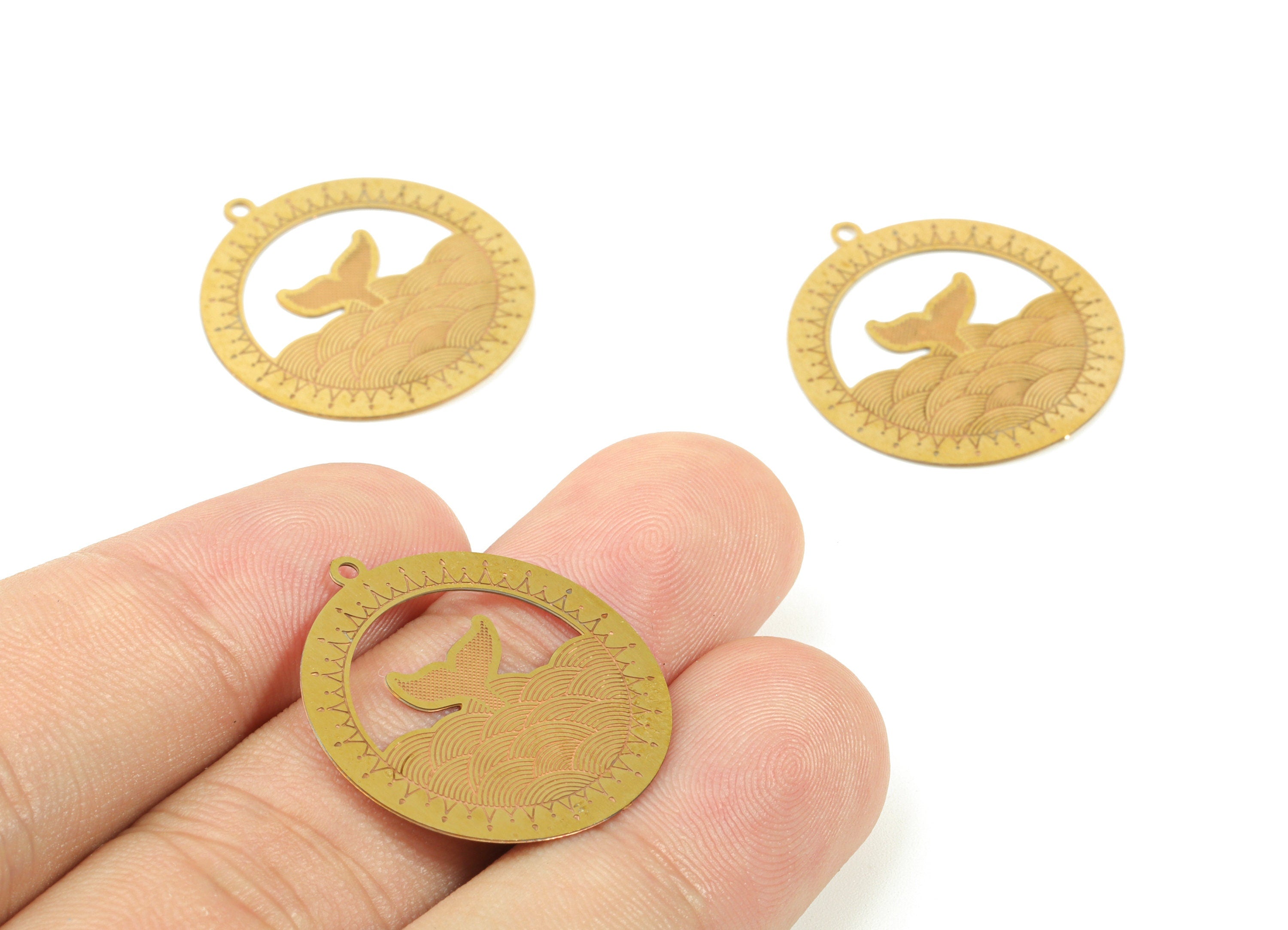 Brass Round Fishtail Earring Charms - Raw Brass Fish Circle Pendant - Earring Findings - Jewelry Supplies - 25.95x23.97x0.47mm - JJB6108 - DOMEDBAZAAR