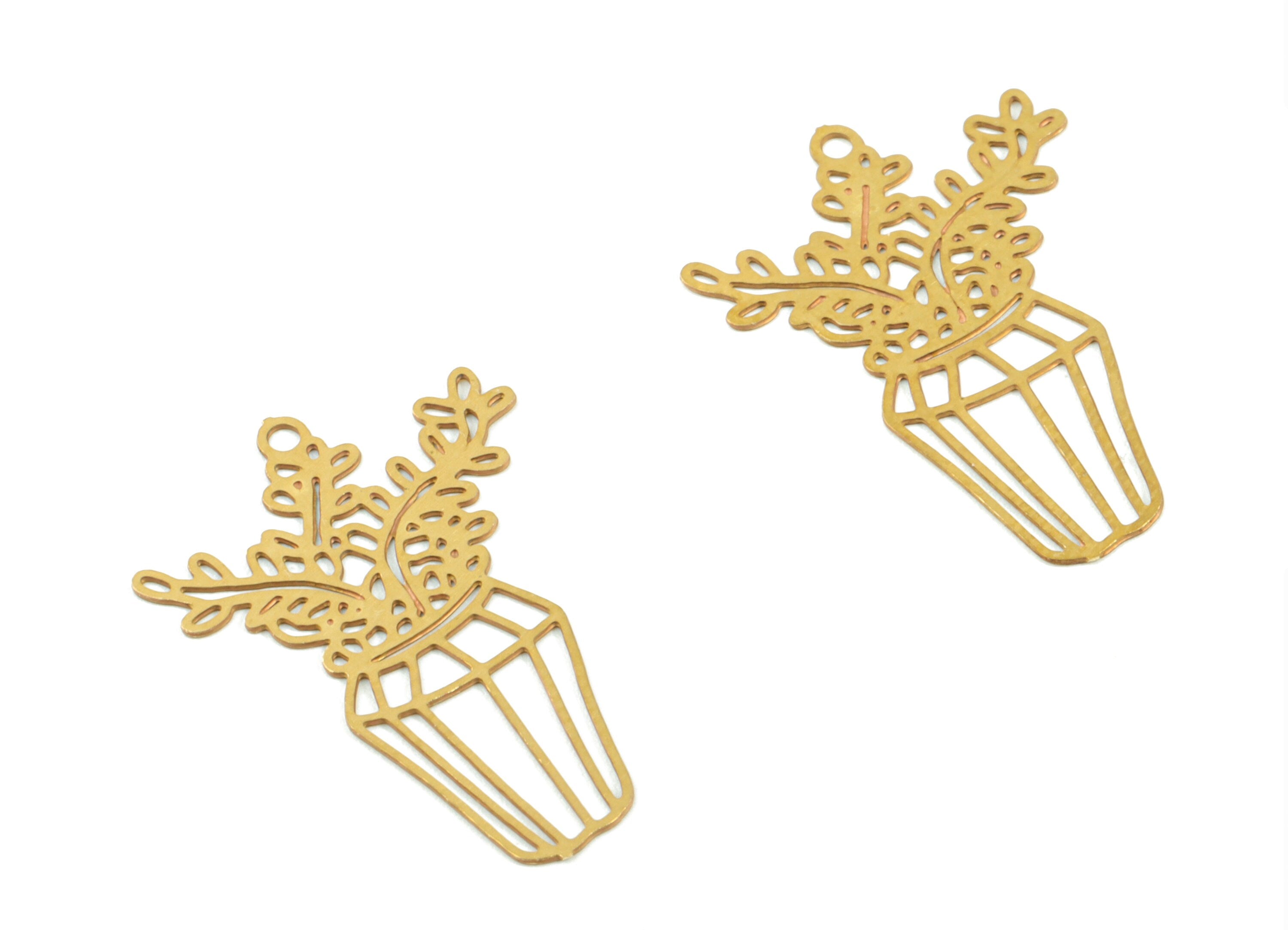 Brass Vase Flower Earring Charms - Raw Brass Flower Vase Earring - Earring Findings - Jewelry Supplies - 22.09x16.15x0.3mm - JJC11490 - DOMEDBAZAAR