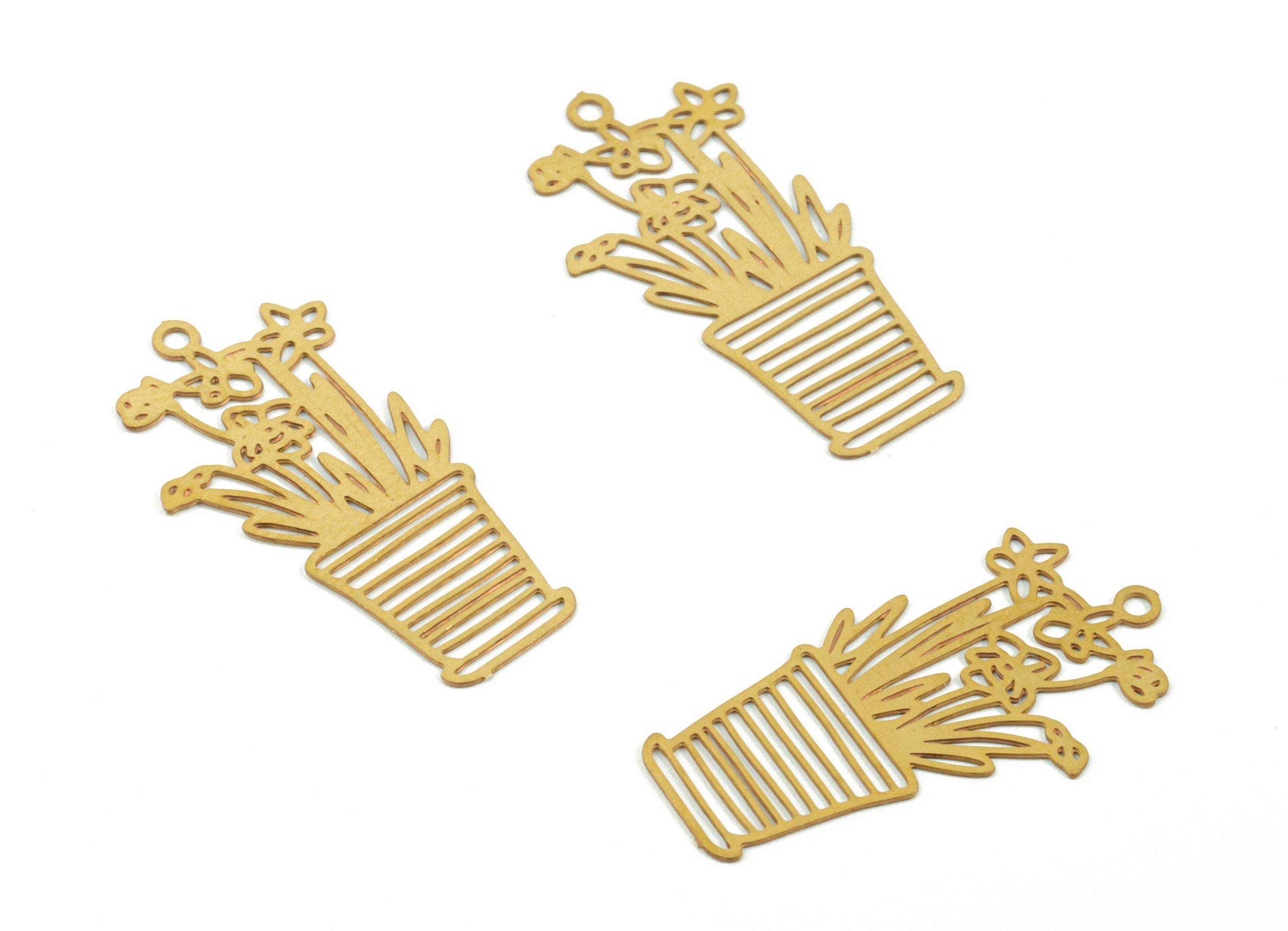 Brass Vase Flower Earring Charms - Raw Brass Flower Vase Earring - Earring Findings - Jewelry Supplies - 23.14x12.02x0.3mm - JJC11492 - DOMEDBAZAAR