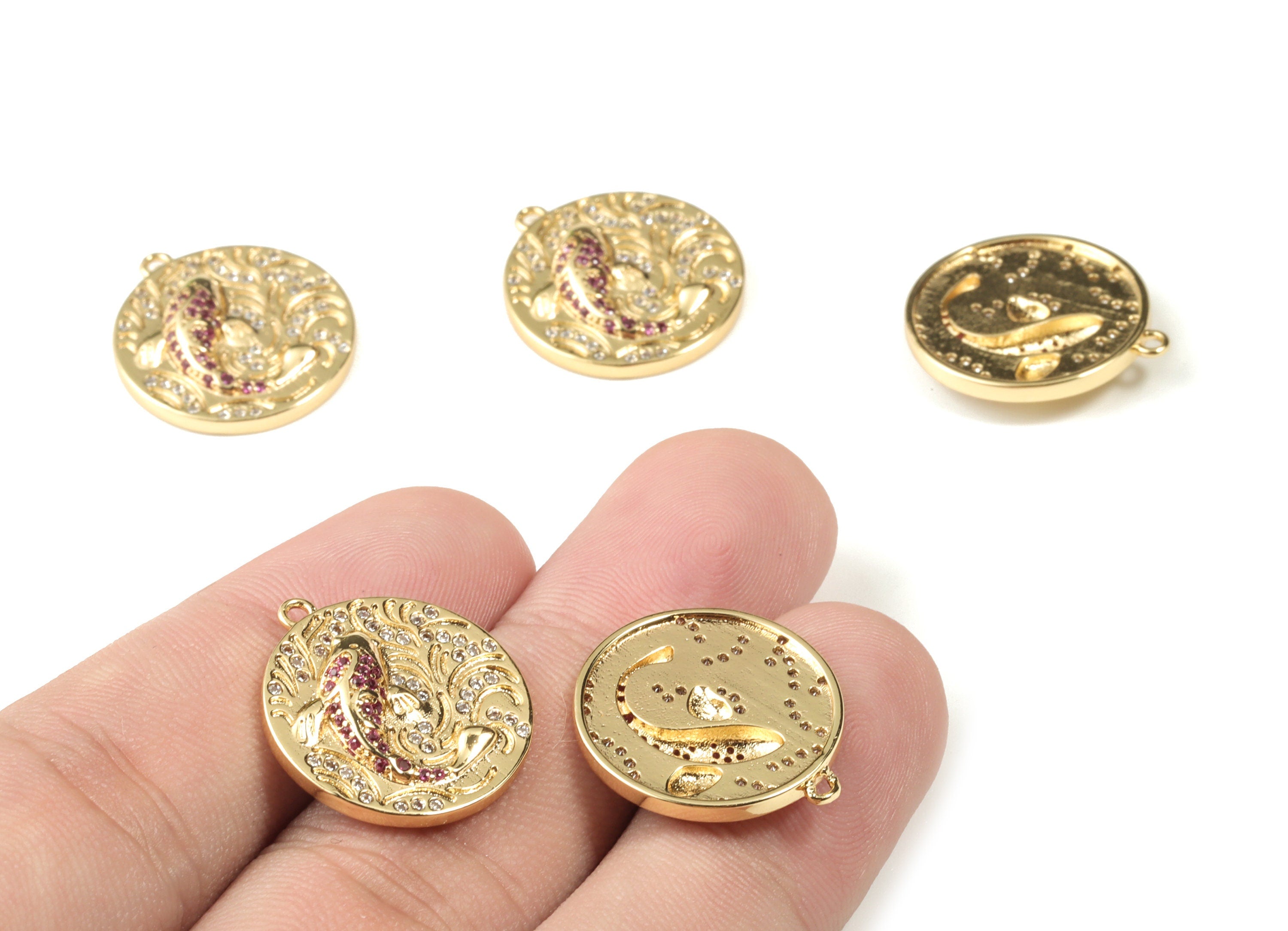 Gold Brass Round Fish Earring Charms - 18K Real Gold Plated Circle Fish Pendant - Jewelry Supplies - 21.27x19.02x3.8mm - RGP2659 - DOMEDBAZAAR