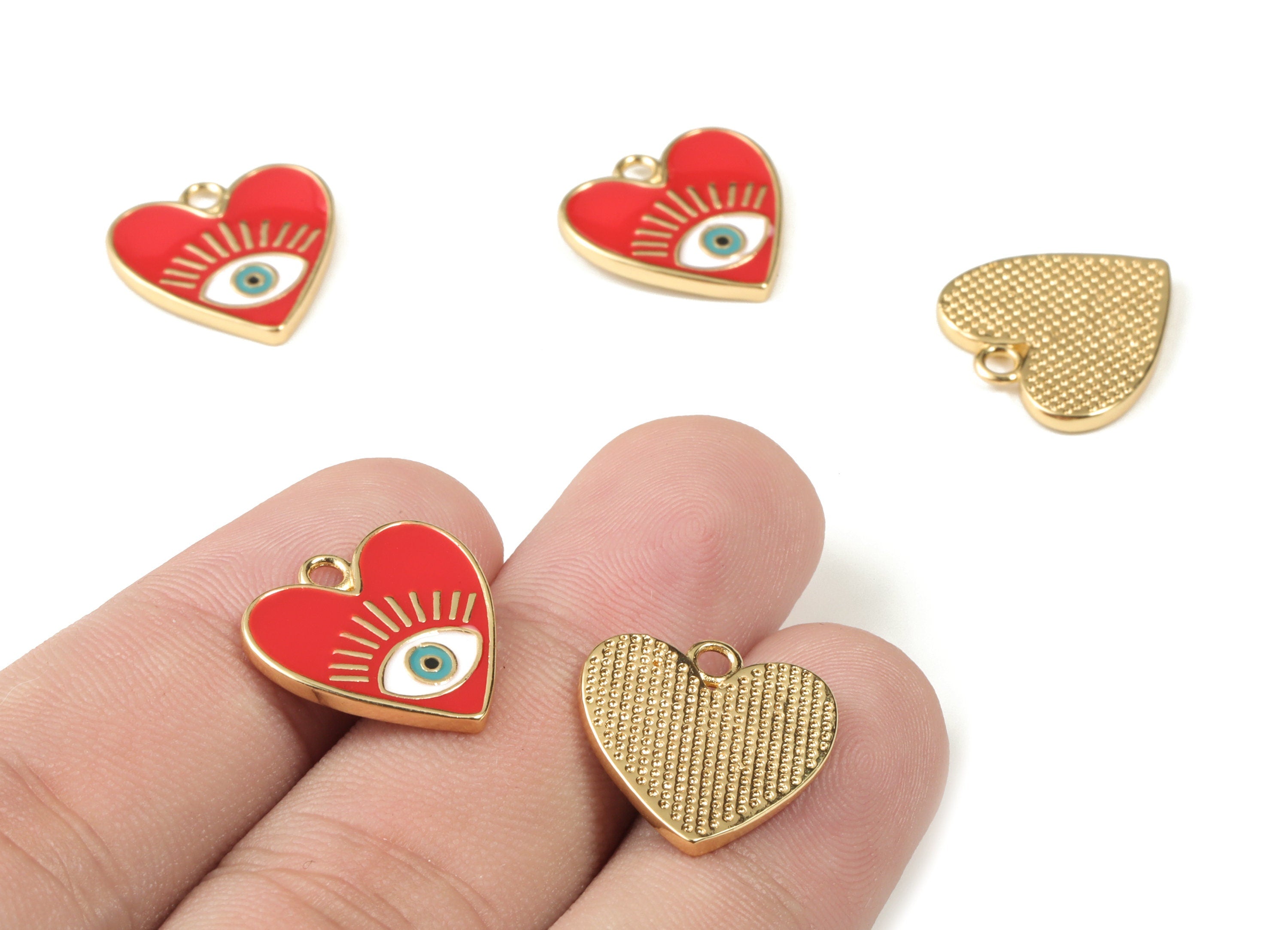 Gold Brass Red Heart Enamel Eye Earring Charms - 18K Real Gold Plated Eye Pendant - Jewelry Supplies - 16.88x16.13x1.64mm - RGP2662 - DOMEDBAZAAR