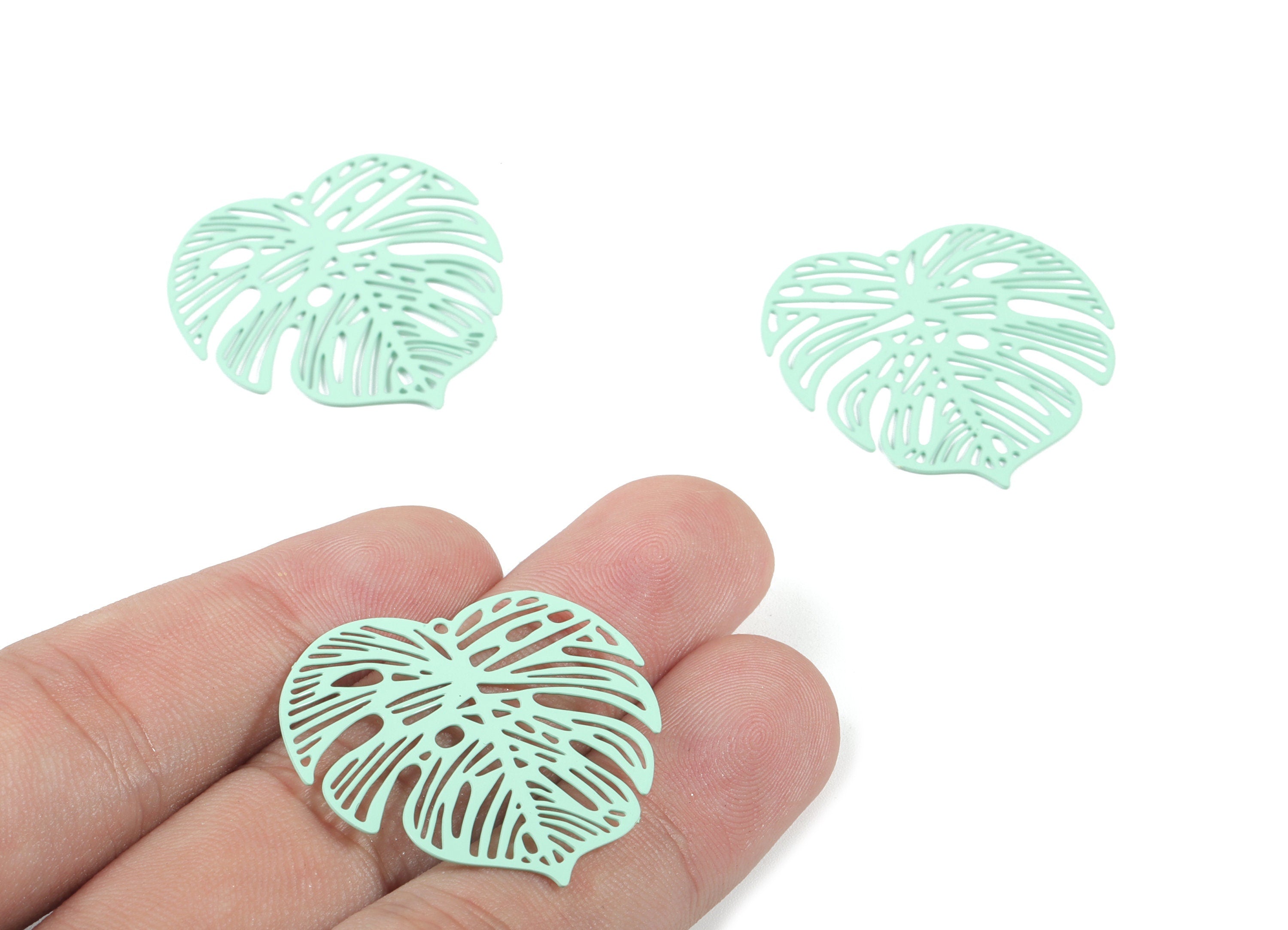 Luminous Green Monstera Pendant - Brass Monstera Charm For Necklace - Earring Supplies - Color Code: 65 - 32.41x31.97x0.38mm - JJB5106-65 - DOMEDBAZAAR