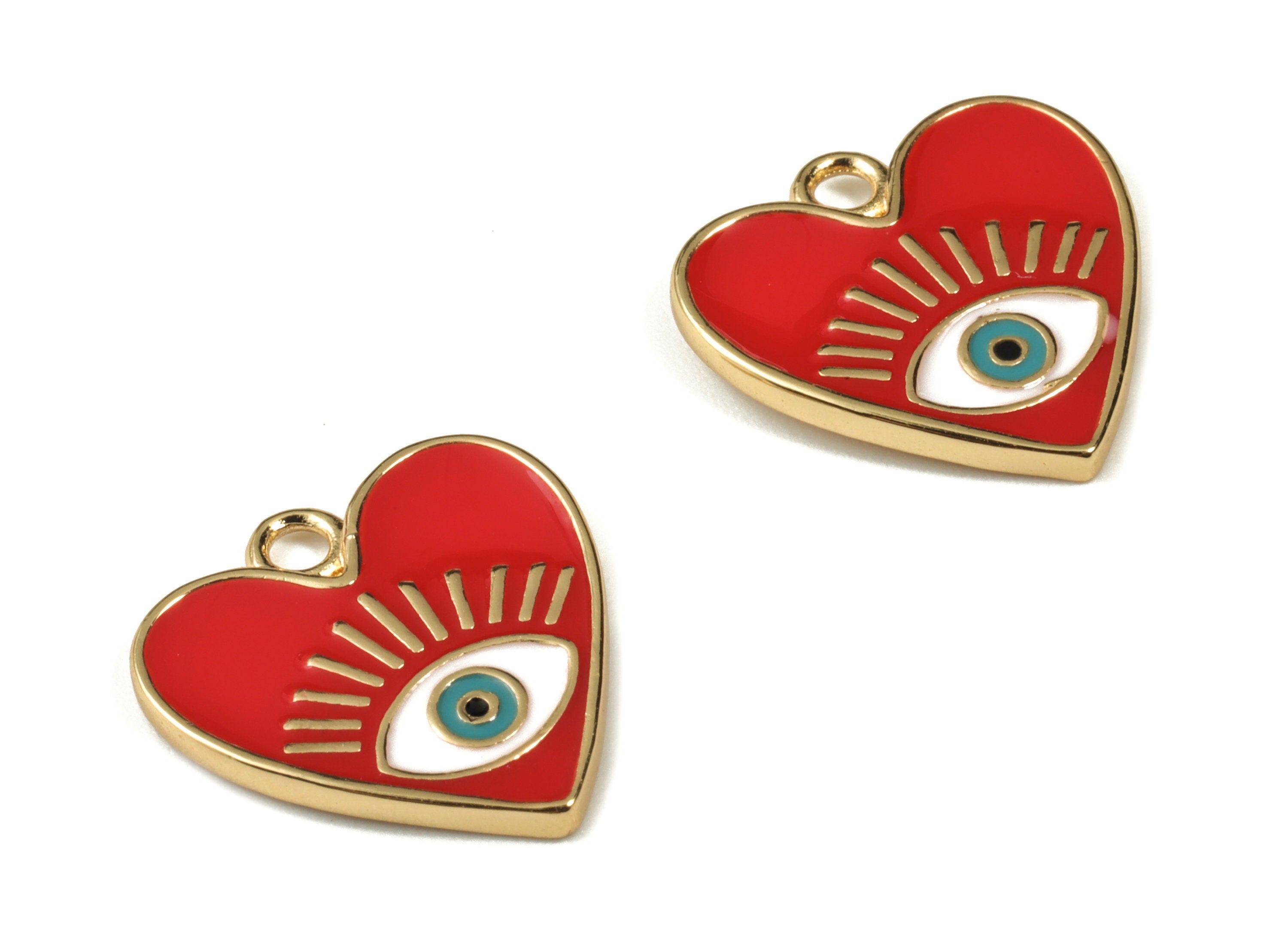 Gold Brass Red Heart Enamel Eye Earring Charms - 18K Real Gold Plated Eye Pendant - Jewelry Supplies - 16.88x16.13x1.64mm - RGP2662 - DOMEDBAZAAR