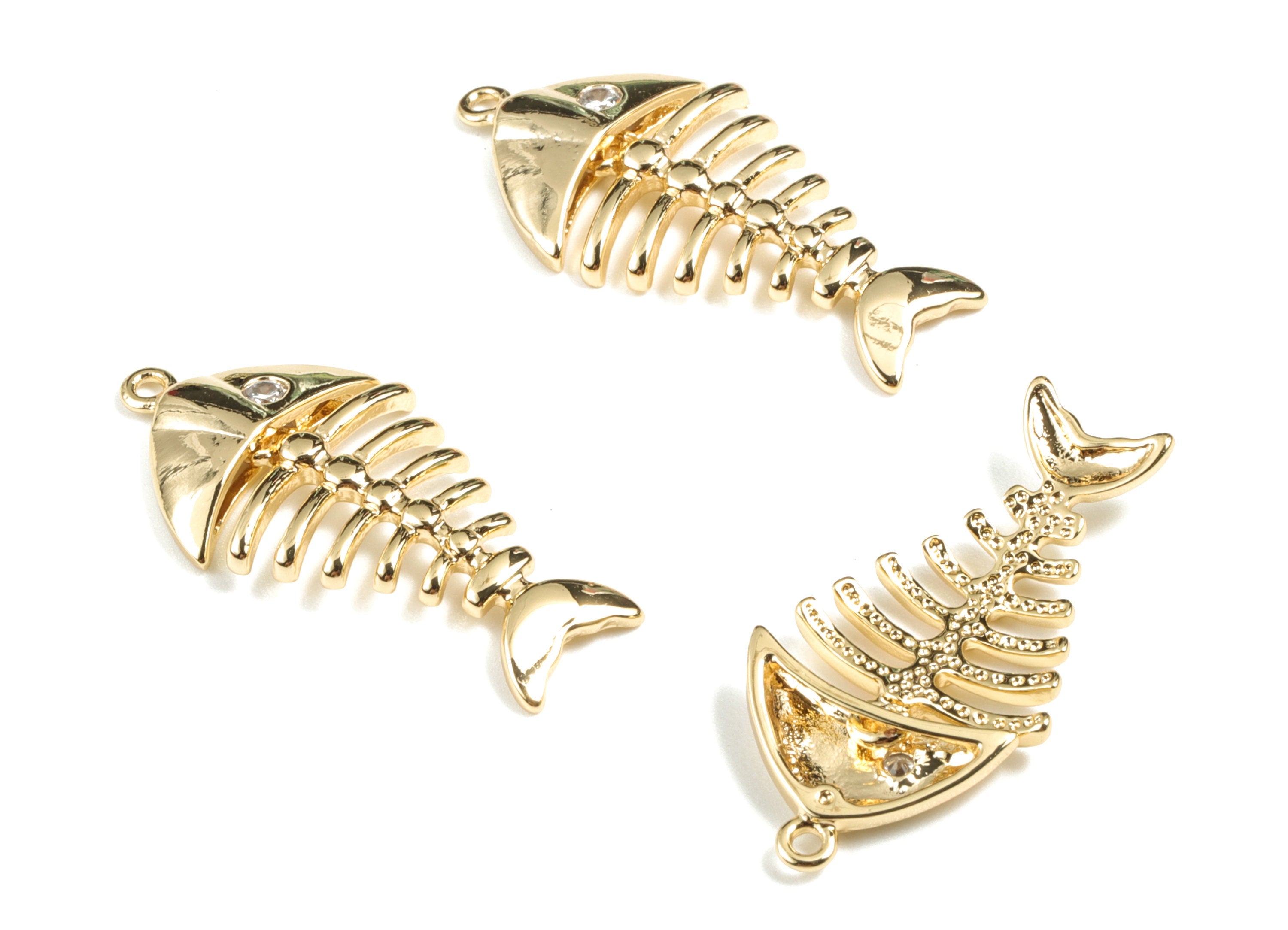 Brass Fish Bone Earring Charms - Gold Fish Bone Pendant - 18K Real Gold Plated Brass - Jewelry Supplies - 26.64x13.22x2.9mm - RGP2669 - DOMEDBAZAAR