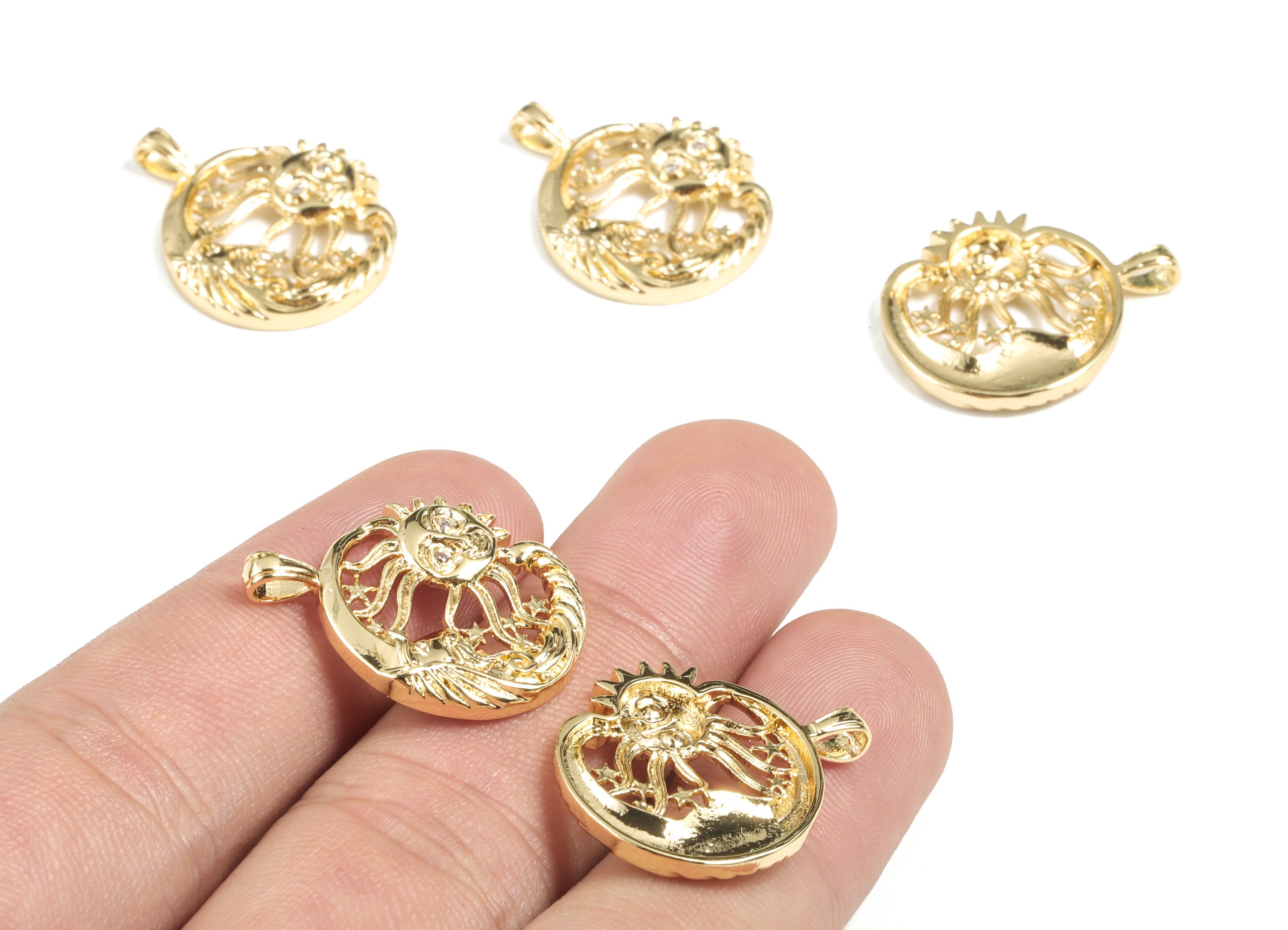 Brass Moon Earring Charms - Gold Crescent Sun Pendant - 18K Real Gold Plated Brass - Jewelry Supplies - 24.91x20.35x2.9mm - RGP2682 - DOMEDBAZAAR