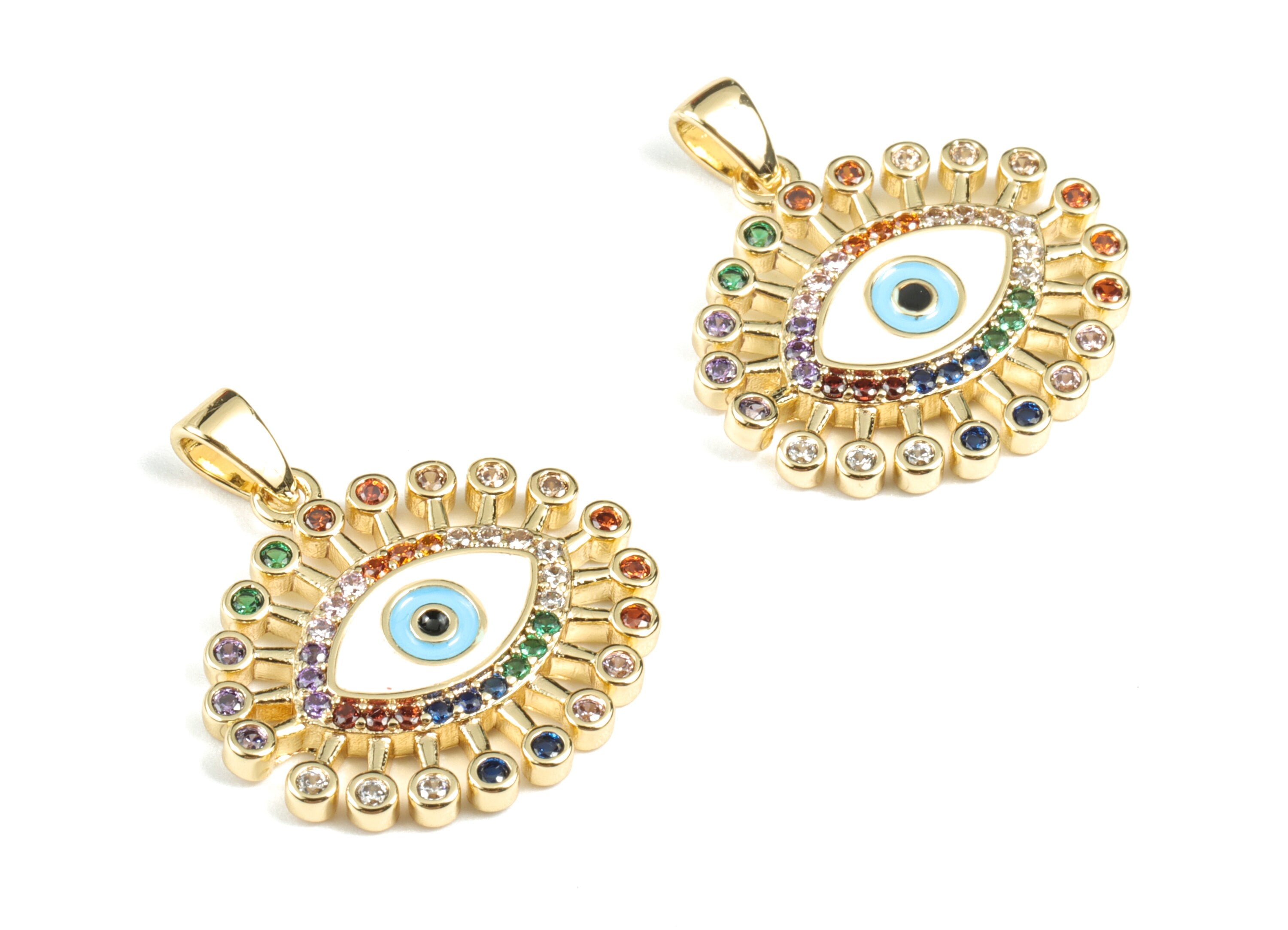 Brass Eye Earring Charms - 18k Real Gold Plated Sun Pendant - Enamel Zircon Charm - Jewelry Supplies - 23.09x22.05x2.41mm - RGP2665 - DOMEDBAZAAR