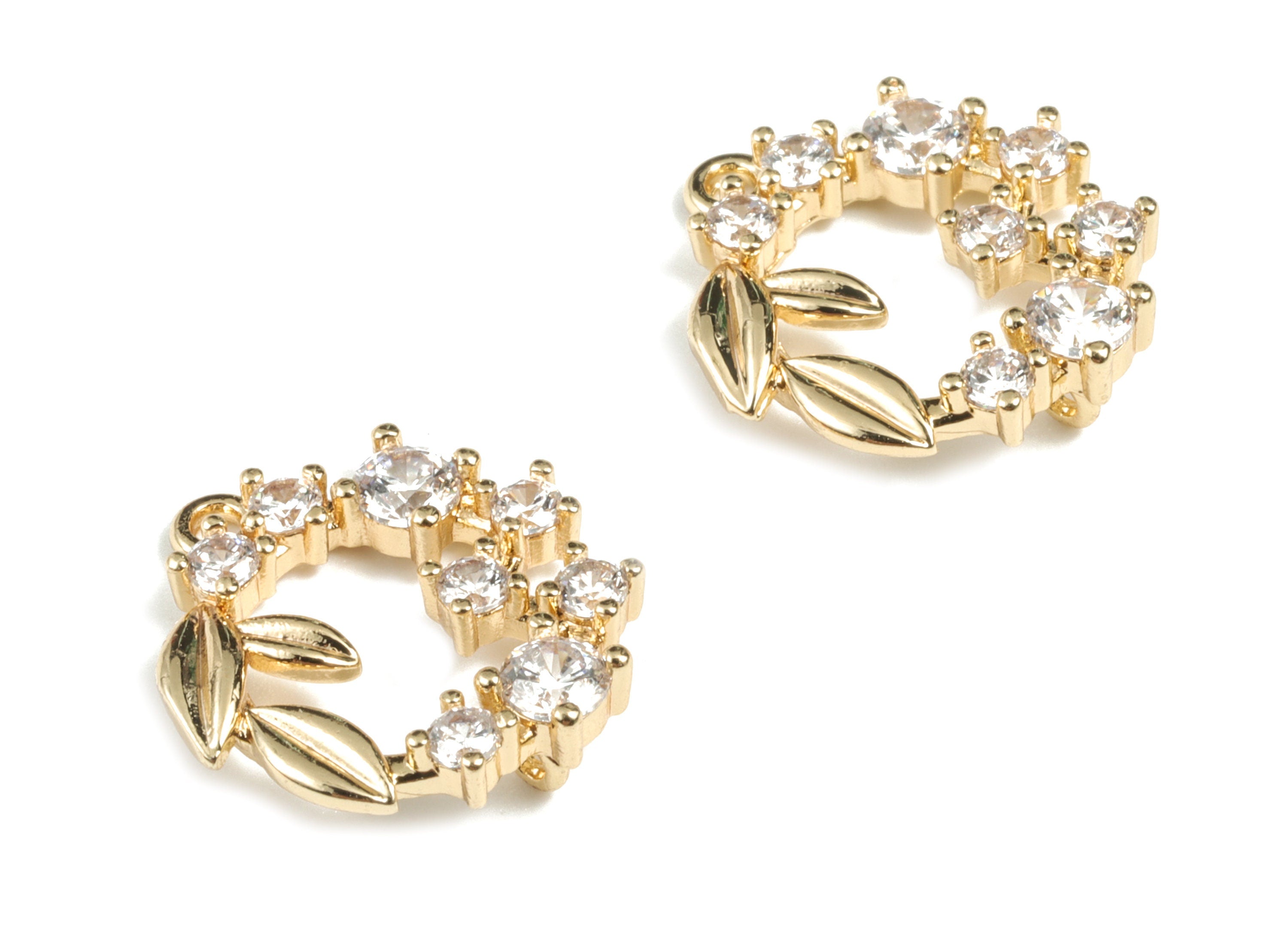 Brass Mini Branch Circle Earring Charms - 18K Real Gold Plated Brass Round Branch Charm With Zircons - 15.41x14.38x4.28mm - RGP2703 - DOMEDBAZAAR