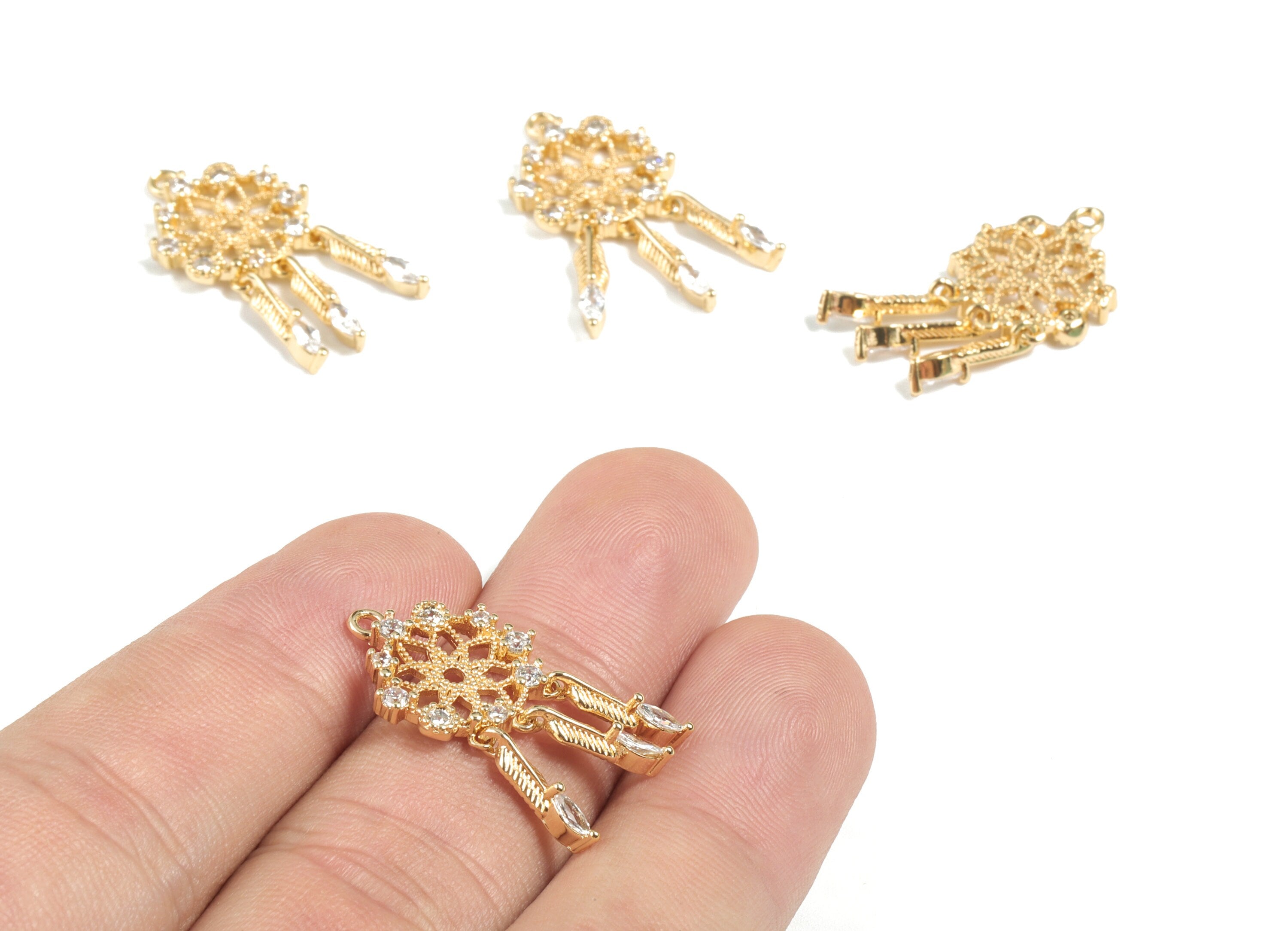 Brass Flower Earring Tassel With Zircons - 18K Real Gold Plated Brass Earring Tassel - Jewelry Supplies - 27.03x13.58x2.33mm - RGP2673 - DOMEDBAZAAR