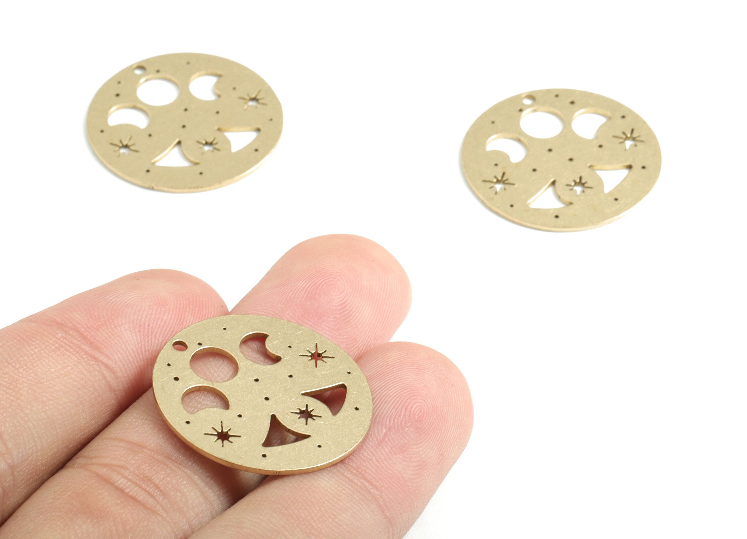 Brass Moon Phases Stars Earring Charms - Raw Brass Circle Round Pendant - Earrings Finding - Jewelry Supplies - 25.05x25.05x0.82mm - PPM2598 - DOMEDBAZAAR