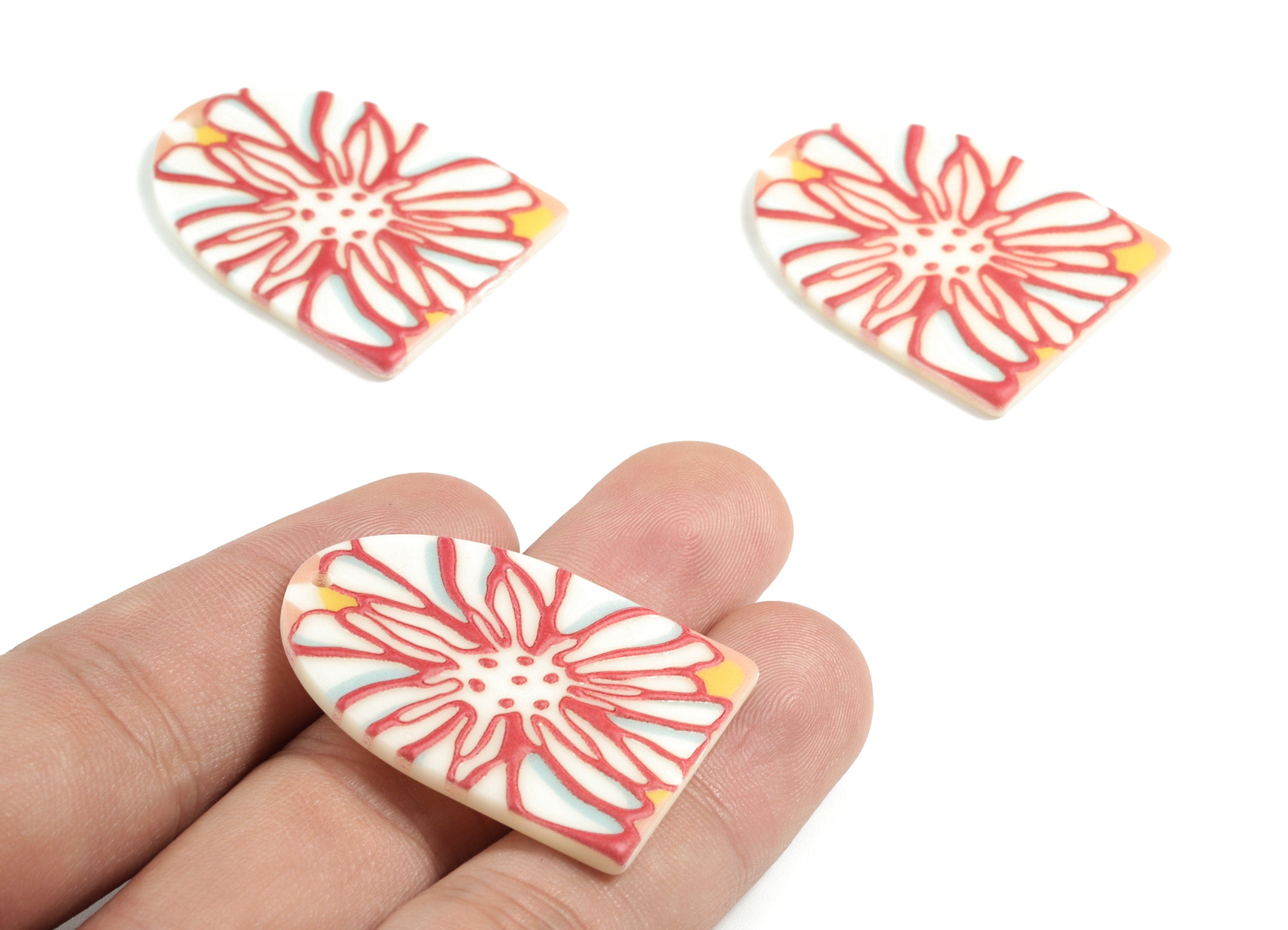Acrylic Semi Ellipse Earring Charms - Acrylic Flower Pattern D Charm - Earring Findings - Jewelry Supplies - 36.2x27.58x2.23mm - AC1963A - DOMEDBAZAAR