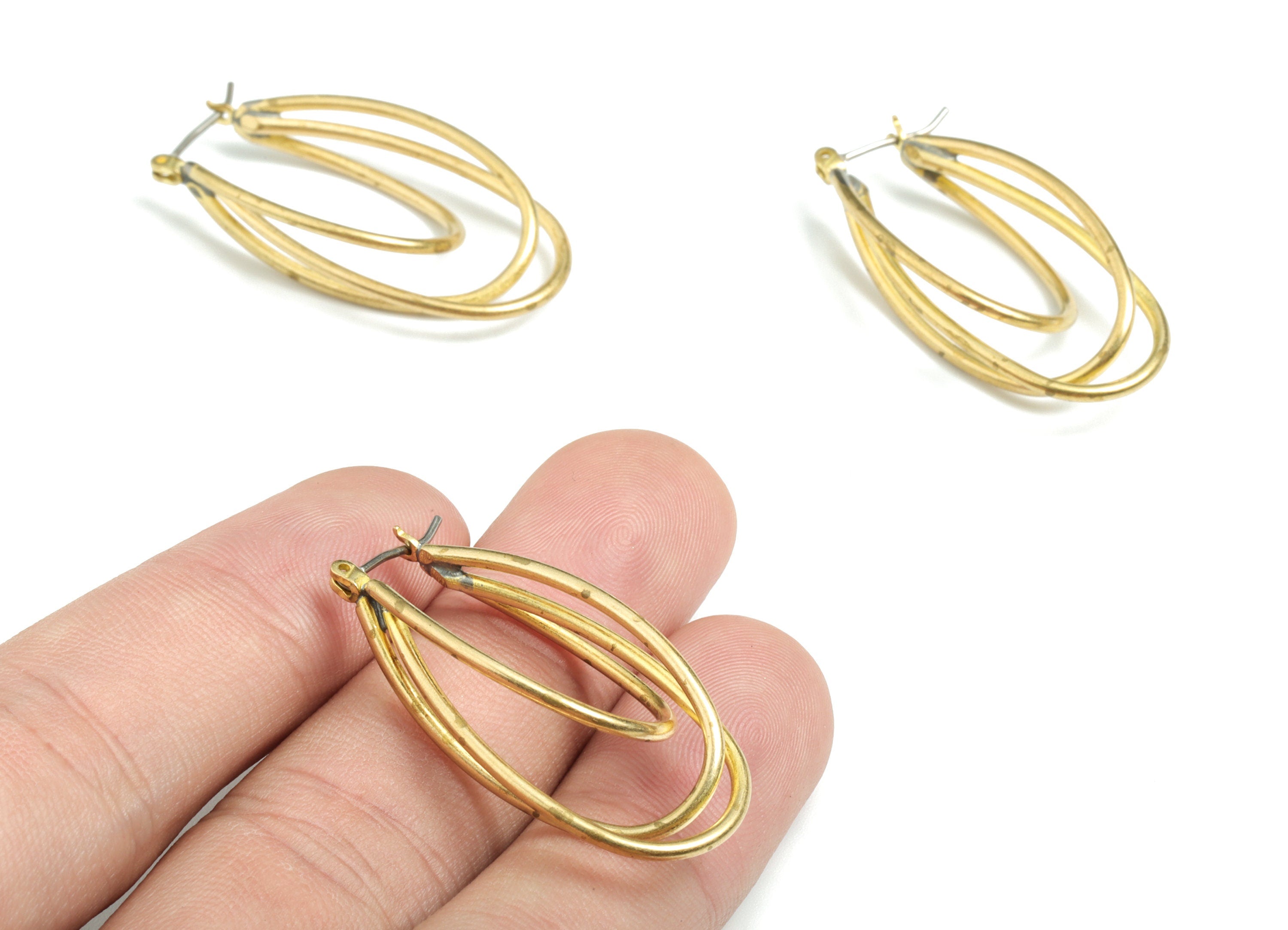Brass 3 Ovals Earring Wire - Raw Brass 3 Ovals Earring Charms - Earring Findings - Jewelry Supplies - 36.28x18.46x8.49mm - PPMRD10 - DOMEDBAZAAR