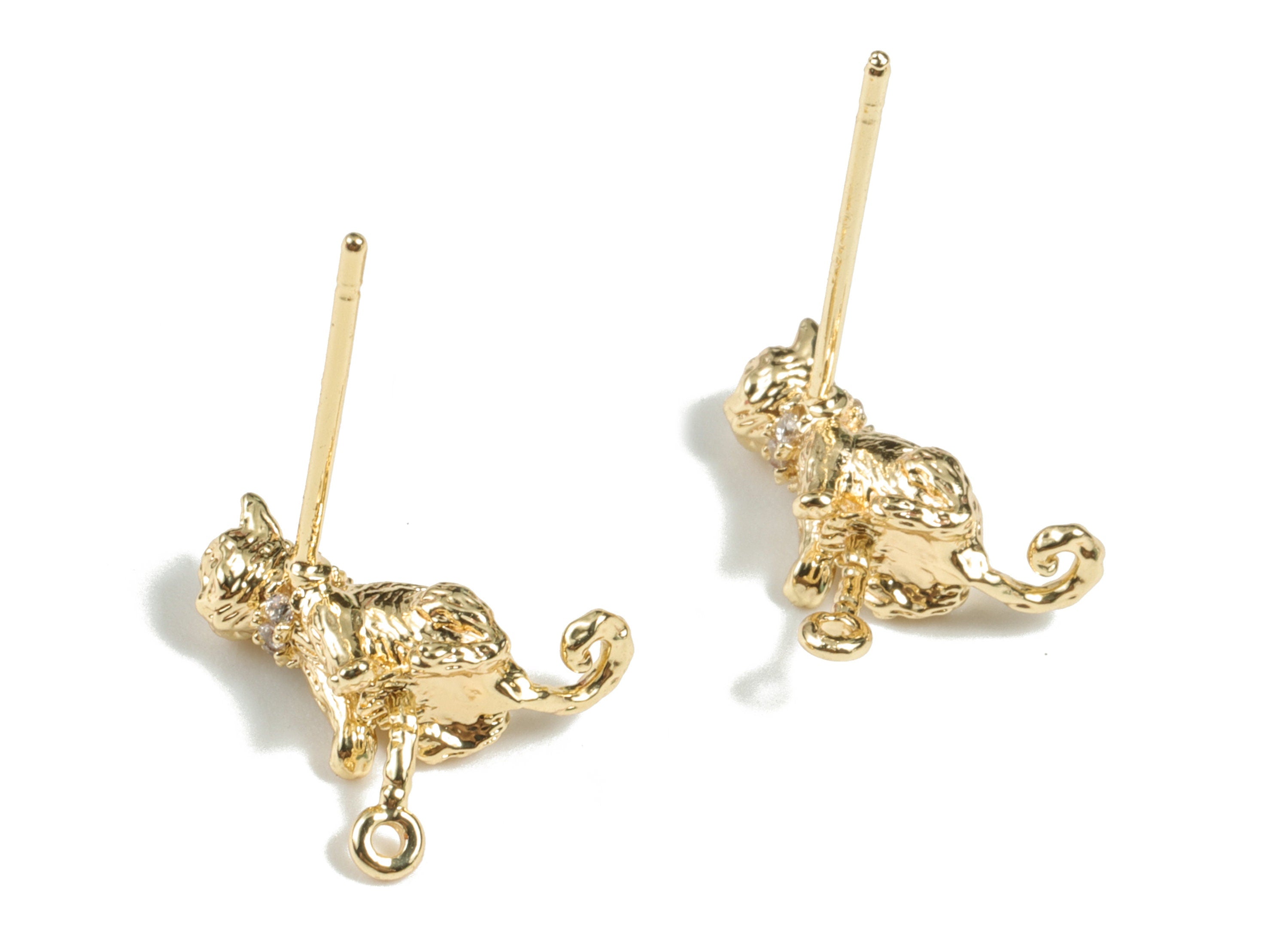 Brass Cat Earring Post - Gold Cat Earring Stud - 18K Real Gold Plated Brass Cat Earring Post - 15.88x12.32x4.96mm - RGP2712 - DOMEDBAZAAR