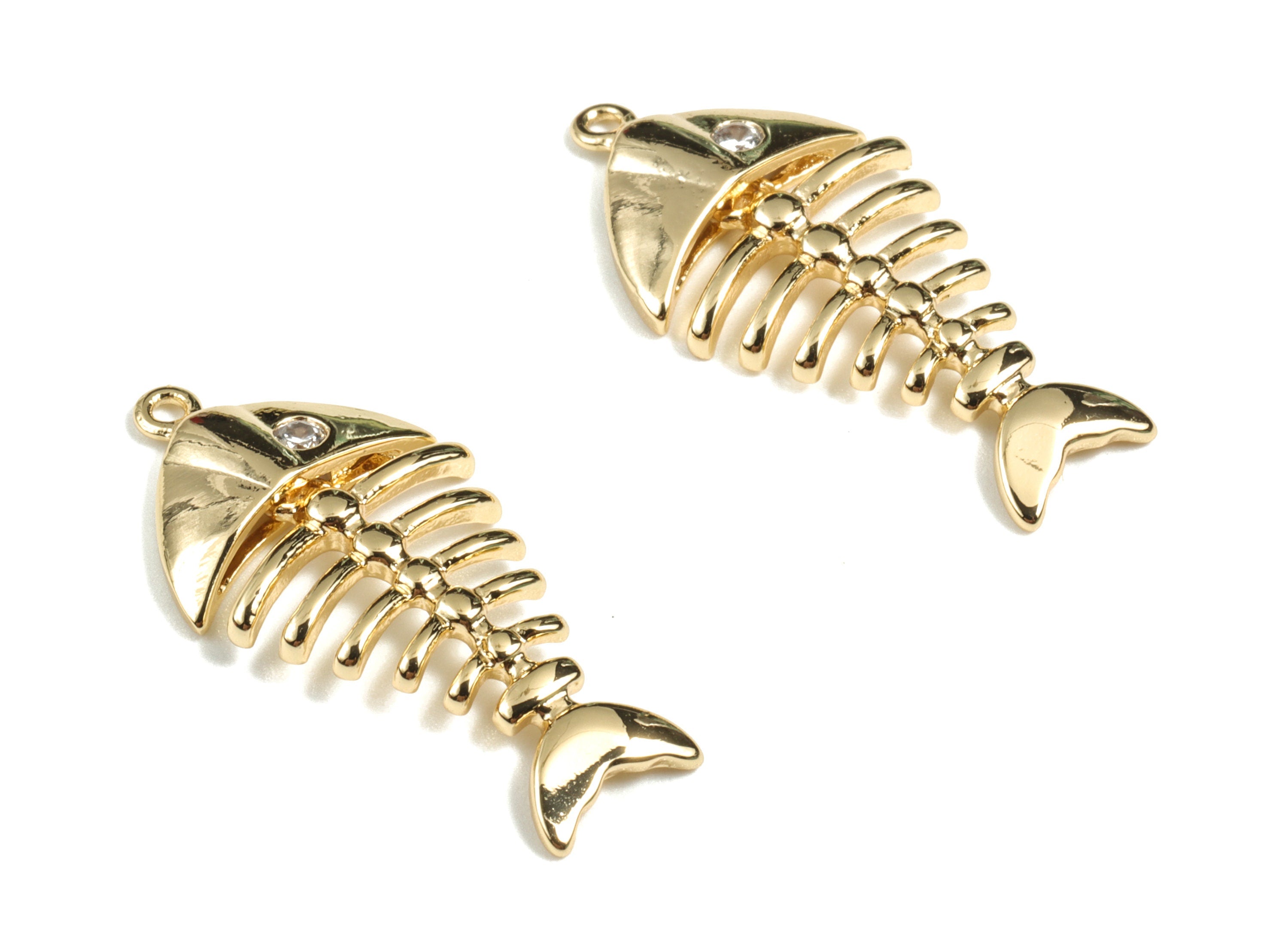 Brass Fish Bone Earring Charms - Gold Fish Bone Pendant - 18K Real Gold Plated Brass - Jewelry Supplies - 26.64x13.22x2.9mm - RGP2669 - DOMEDBAZAAR
