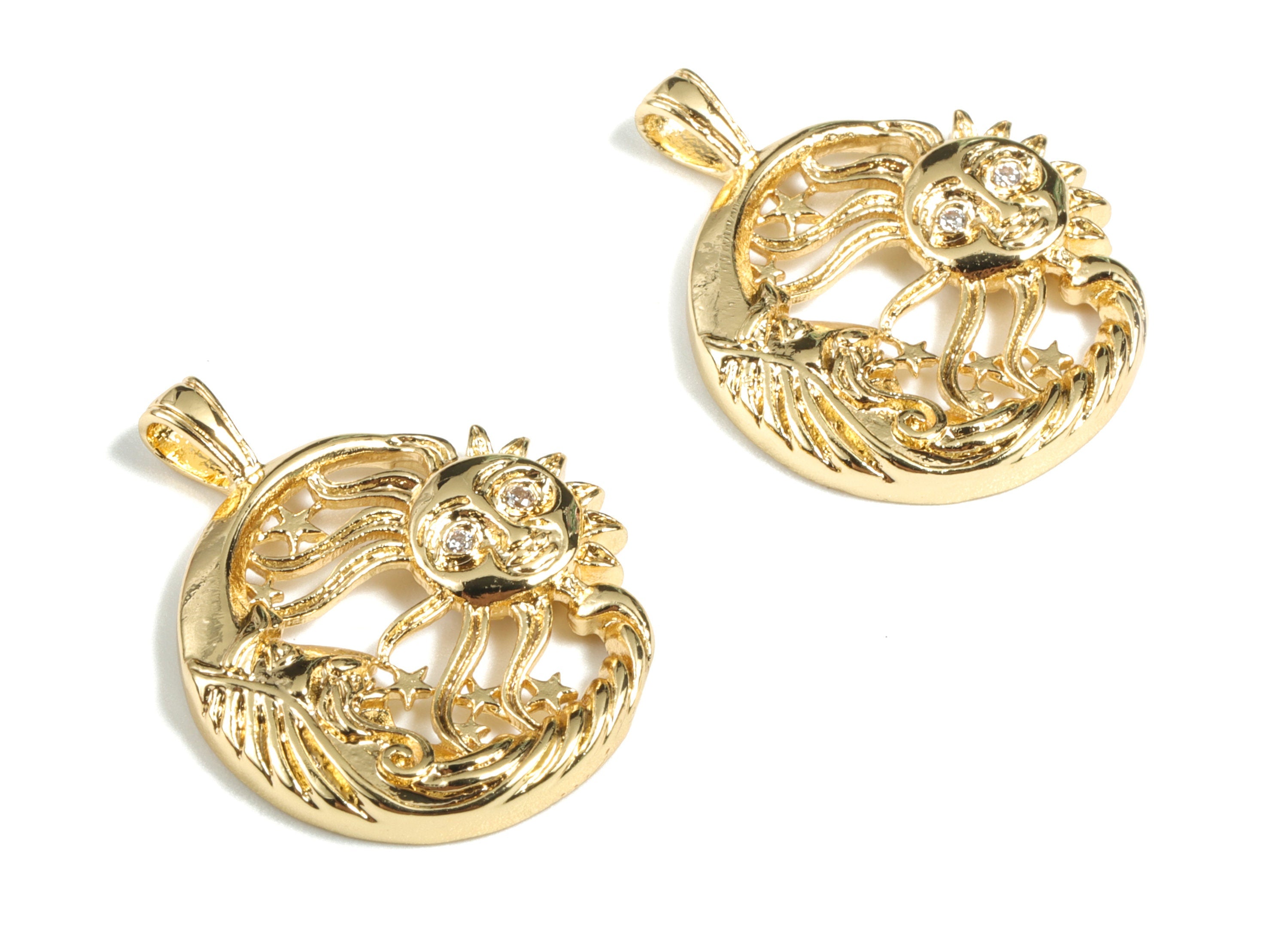 Brass Moon Earring Charms - Gold Crescent Sun Pendant - 18K Real Gold Plated Brass - Jewelry Supplies - 24.91x20.35x2.9mm - RGP2682 - DOMEDBAZAAR